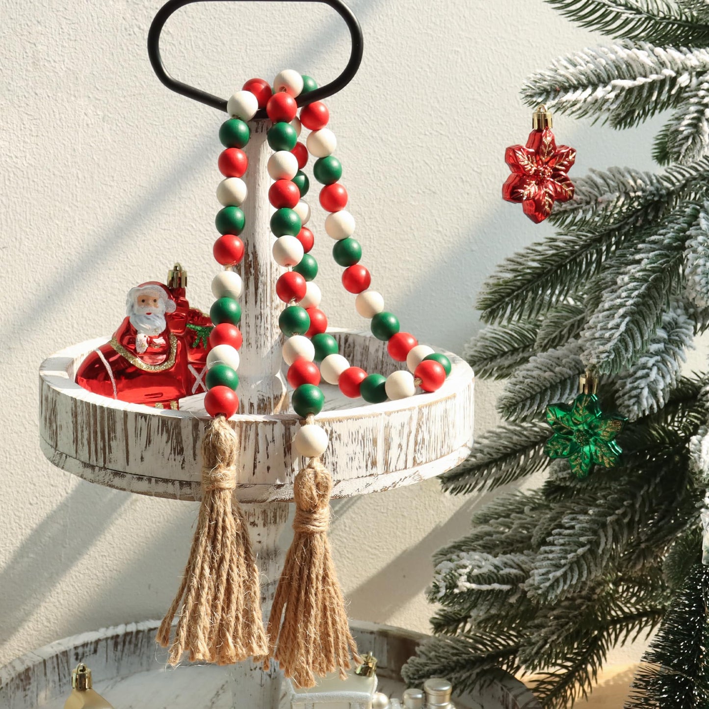 Christmas Wood Bead Garland,39in Farmhouse Beads with Tassels Tiered Tray Decor Wall Hanging Home Ornaments for Christmas Tree Decorations