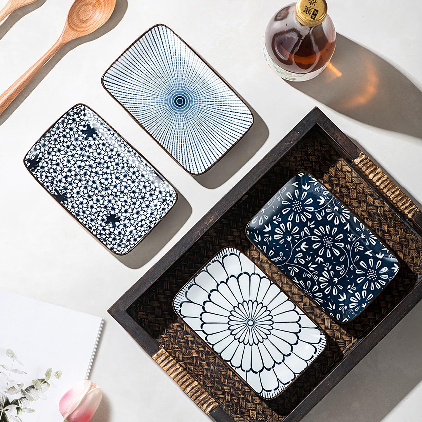 Kytree 4 Piece Japanese Sushi Plate Set, Rectangle Soy Sauce Dish Ceramic Dipping Bowl for Appetizer, Charcuterie, Dessert, Salad, Side Dishes