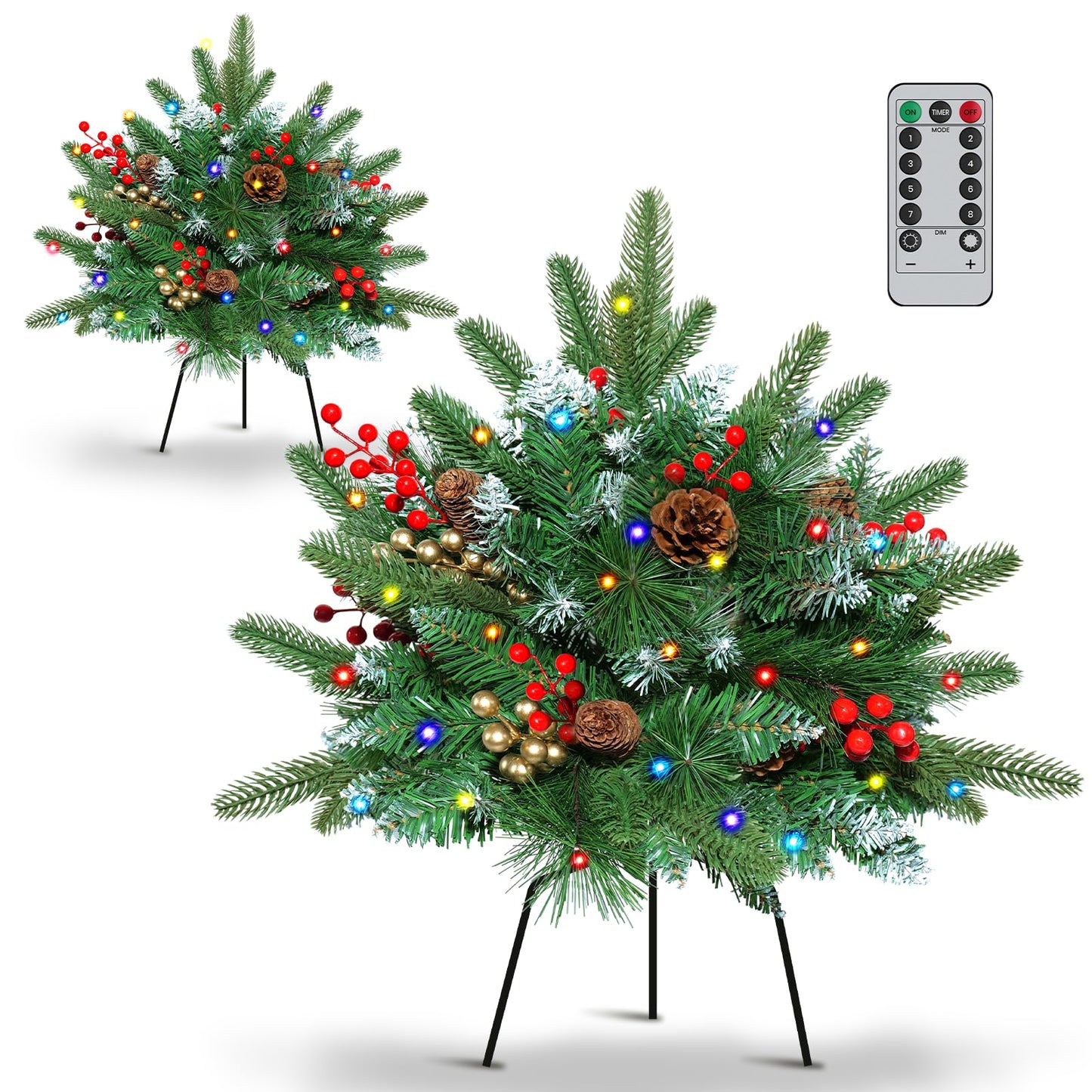 Set of 2 23.6 Inch Lighted Outdoor Christmas Tree Christmas Planter Filler with Remote, 8 Modes, Battery Operated Urn Filler Porch Decorations with Pine Cones, Red Berries for Pathway Yard Home Decor