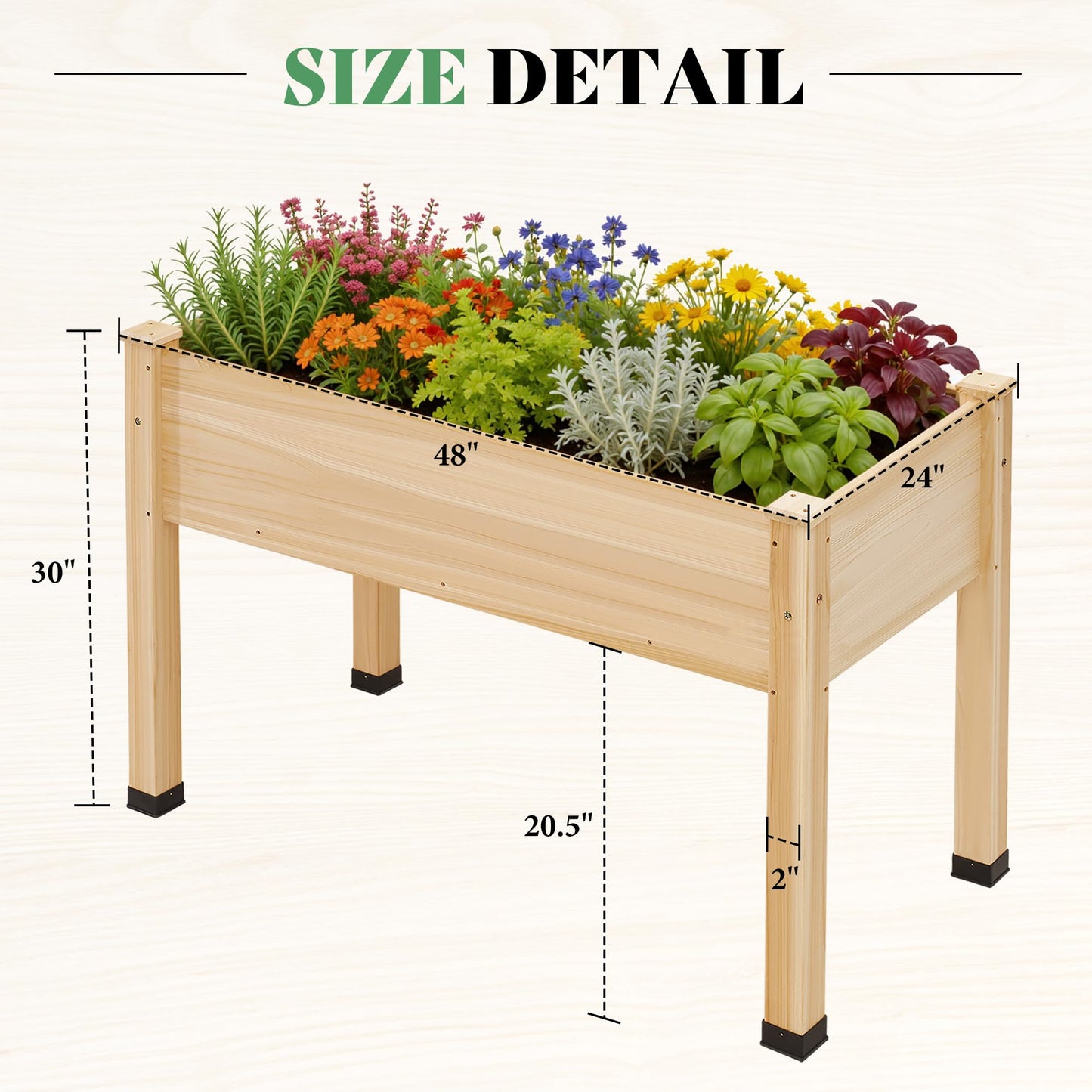 AMERLIFE Raised Garden Bed, 48x30x24 Inches Elevated Wood Planter Box with Legs, Bed Liner, Divider and Drainage Holes for Backyard, Patio, 200 lb Capacity - Light Wood