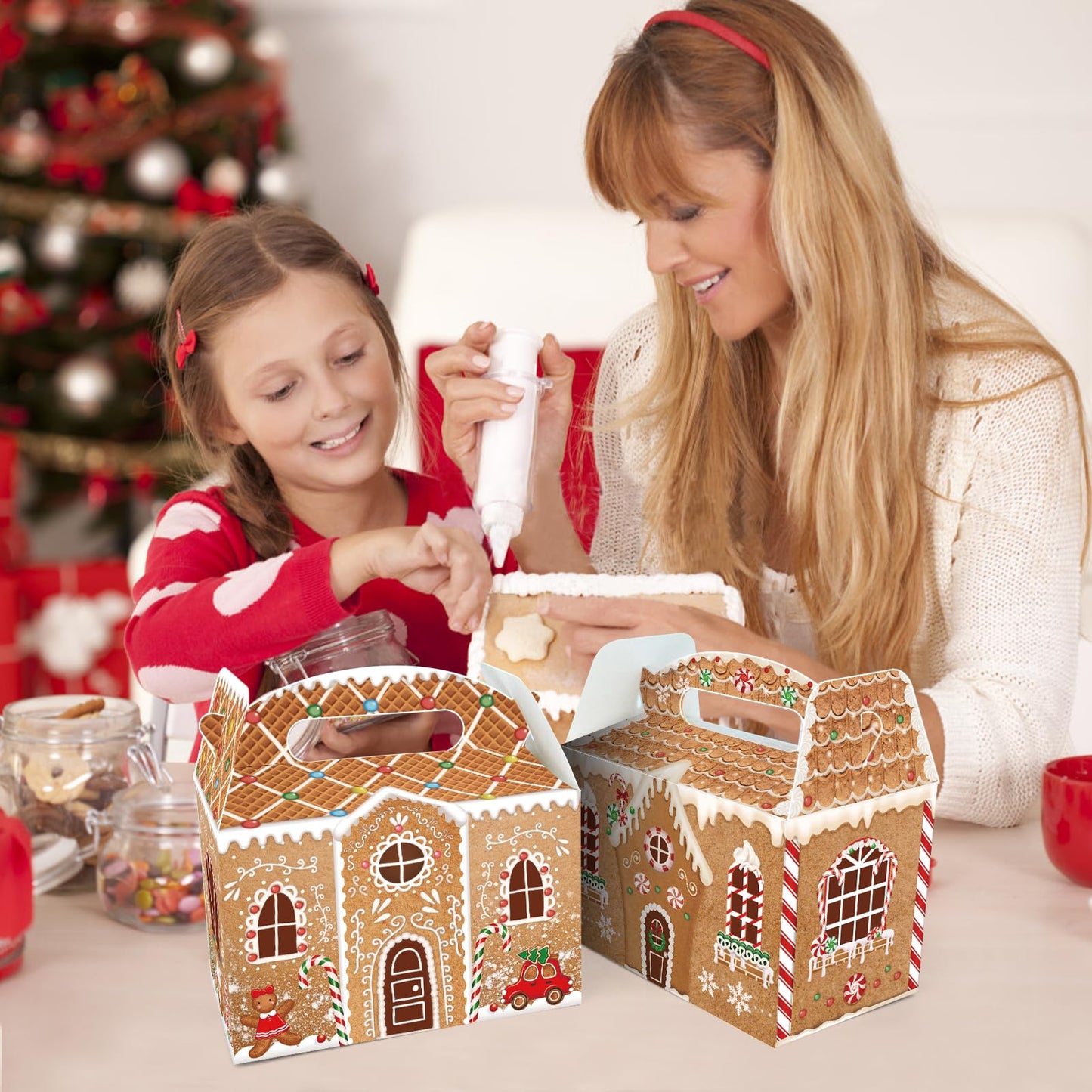 FRIDAY NIGHT 24 Pcs Christmas Treat Boxes Gingerbread House Cardboard Cookie Goody Gable Candy Bags Xmas Cupcake Goodie Box