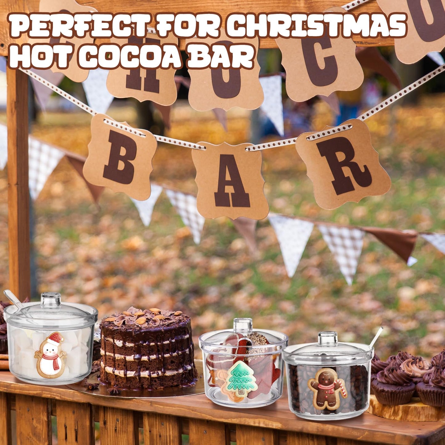 Honeydak 8 Pcs Hot Cocoa Bar Accessories Hot Chocolate Bar Containers Sugar Bowls with Lid and Spoon 12.8 oz Clear Acrylic Bowl Ice Cream Toppings Kit for Condiment Jars Seasoning Box(Stylish)