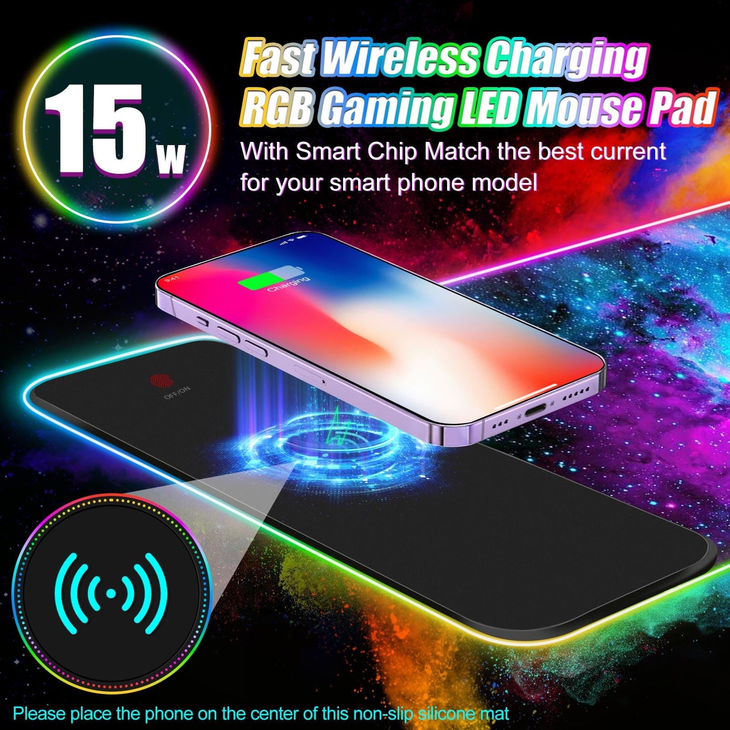 ToLuLu Wireless Charging RGB Gaming Mouse Pad, 15W LED Mouse Mat with 30W Charger, 14 Light Modes Large Mousepad with Wrist Support, Non-Slip Rubber Base Desk Mat Computer Keyboard Pad, Galaxy Nebula