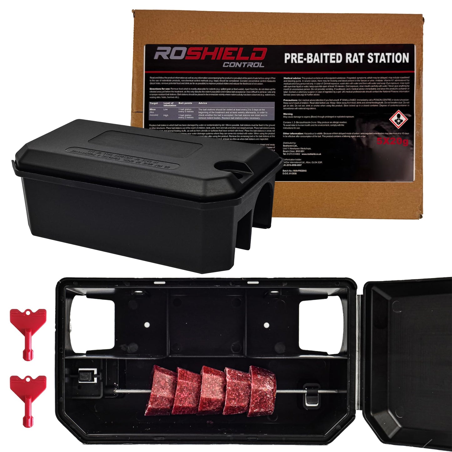 ROSHIELD - 2X PRE-BAITED Anti Rat Solution Kit | Pre Bait Boxes | indoor/Outdoor Fast & Safe Infestation Control | Rat Poisoning Super Strength | Rodent Poisoning | READY -TO USE, 2 Pack