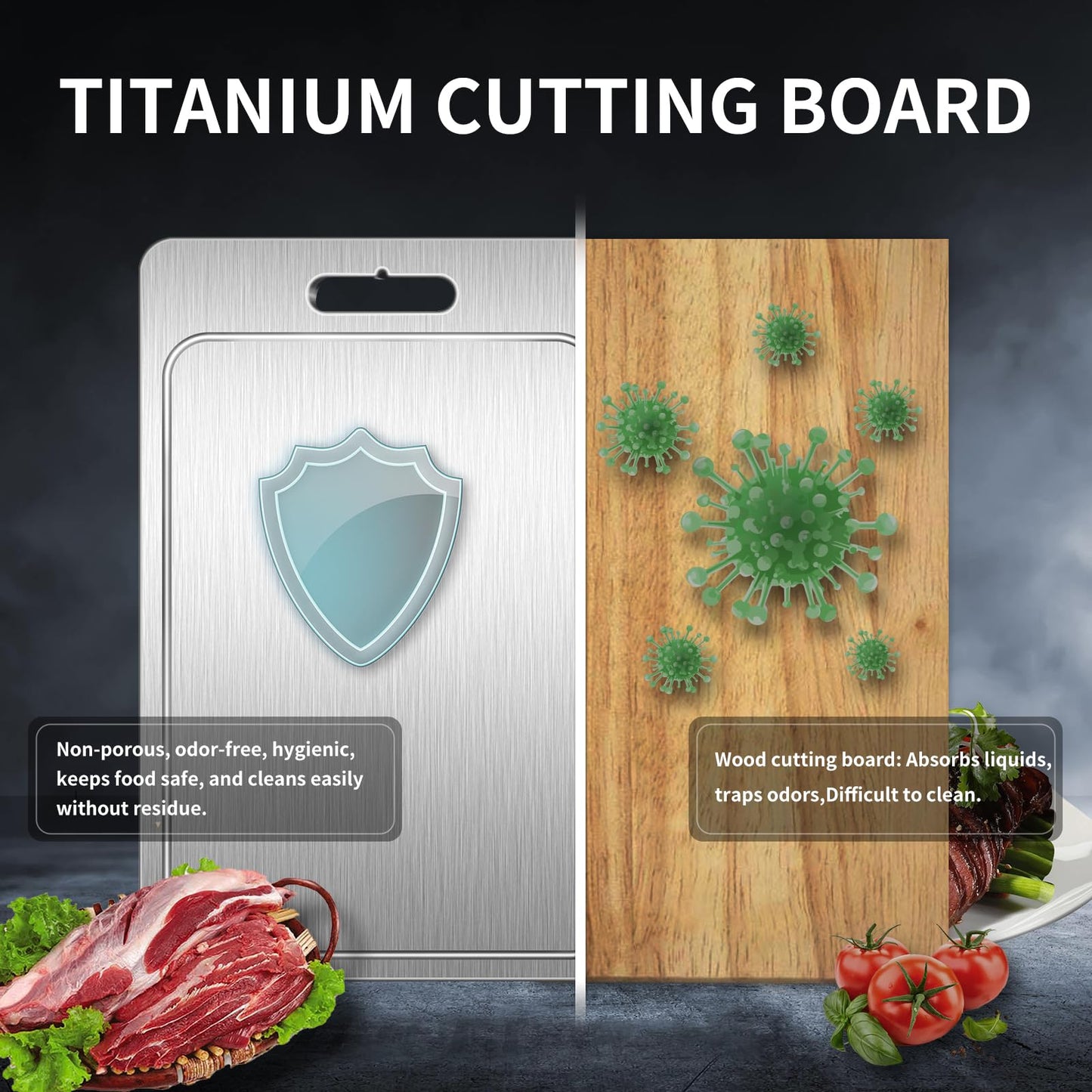Titanium Cutting Board 100% Pure Cutting Boards With Juice Groove Metal Grade Food Double Sided Chopping Board for Cutting Meats Vegetables Fruits(Titanium-Large)