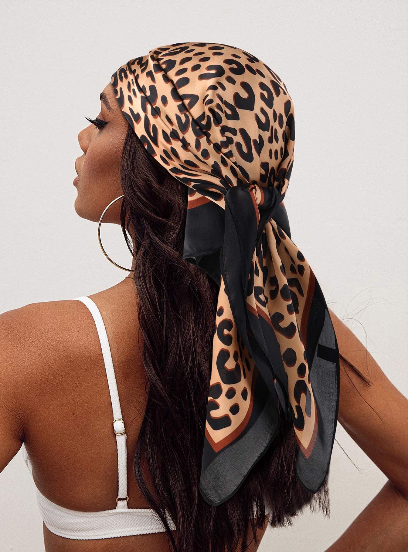 GERINLY Animal Print Scarfs for Women Leopard Neck Scarf Satin Head Scarves for Ponytail Brown Silk Purse Charm(Leopard)
