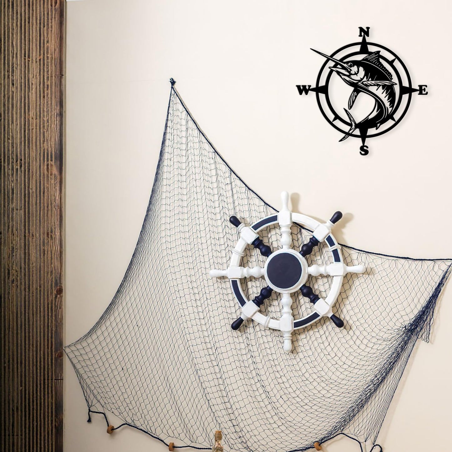 Xedatric Stylish Fishing Decor – Compass Wall Art with Jumping Swordfish, Perfect for Nautical and Marine Enthusiasts, Durable Metal Wall Sculpture for Home & Kitchen