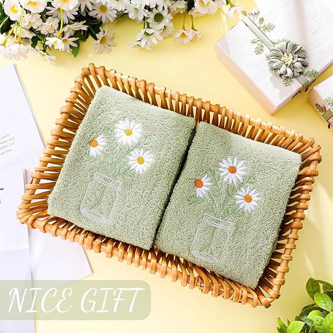 2 Pcs Daisy Flower Hand Towels Gray Green Bathroom Decor 14x29 Inch Embroidered