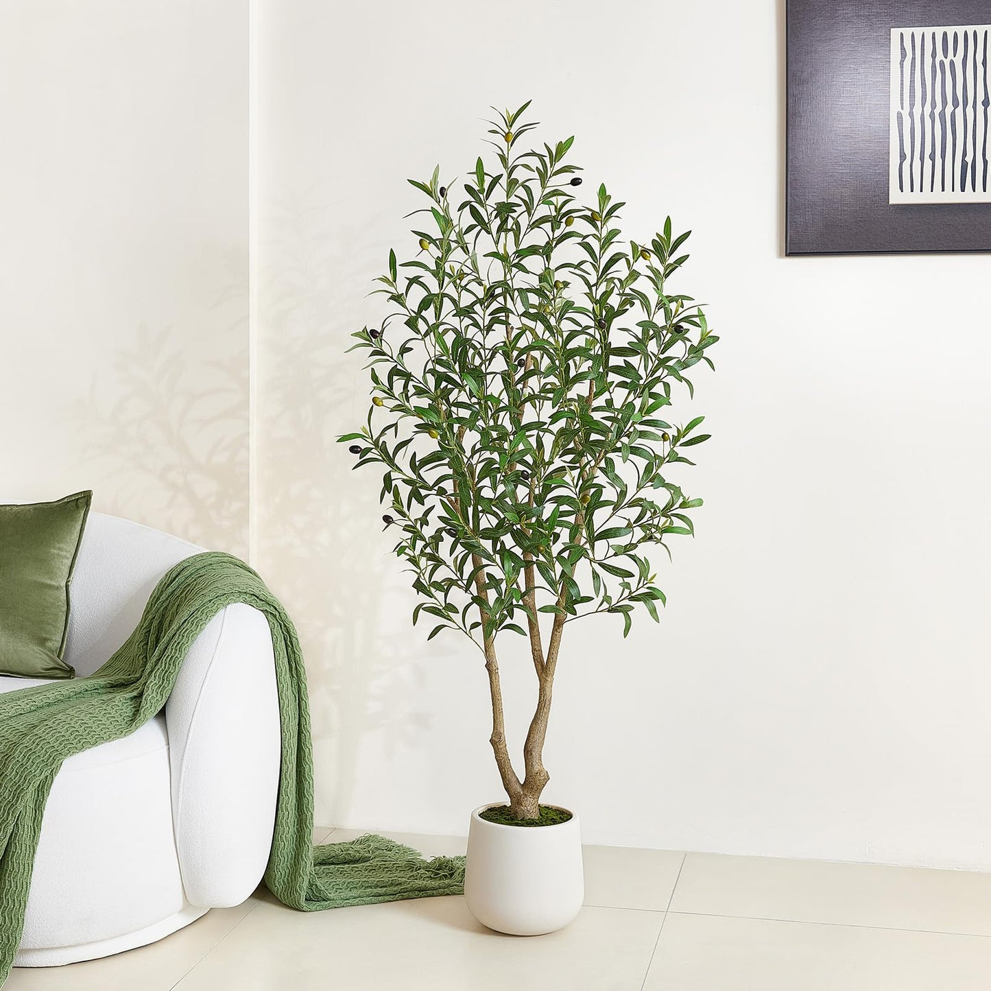 VeriNatural Artificial Olive Tree 5FT, Fake Plants Indoor - Potted Faux Olive Tree with Relistic Leaves and White Planter - Tall Faux Plant for Home Office Living Room Decor