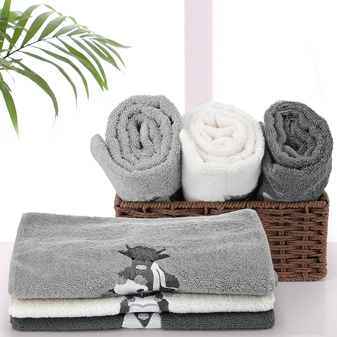 3 Pcs Highland Cow Hand Towels Bathroom Decor Highland Cow White and Gray