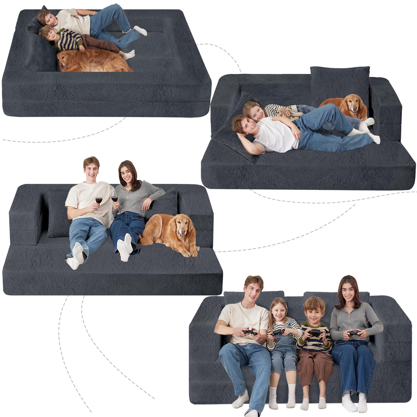 Cansunna Folding Bean Bag Chair for Adults,3-in-1 Bean Bag Couch Faux Fur Floor Sofa Large Beanbag Convertible Bean Bag Sofa Bed with Pillow in Bedroom,Living Room,Apartment(Queen,Dark Grey)