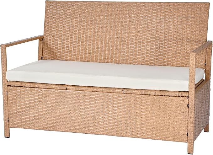 VEVOR Outdoor Storage Bench, 2-Person PE Rattan Storage Bench, 70 Gal Deck Box with Cushion, Supports up to 265 lbs, Weatherproof Outdoor Seating & Porch Decor for Patio Garden Balcony Yard