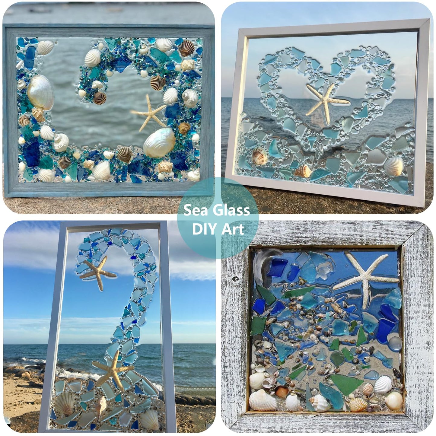 QYGL 12 Resin Starfish & 10oz Sea Glass Decor - Frosted Seaglass Pieces & Starfish Sand Dollar for DIY Crafts, Beach Weddings, Vase Filler, and Home Decor Ornaments (Blue, Aqua Green, White)