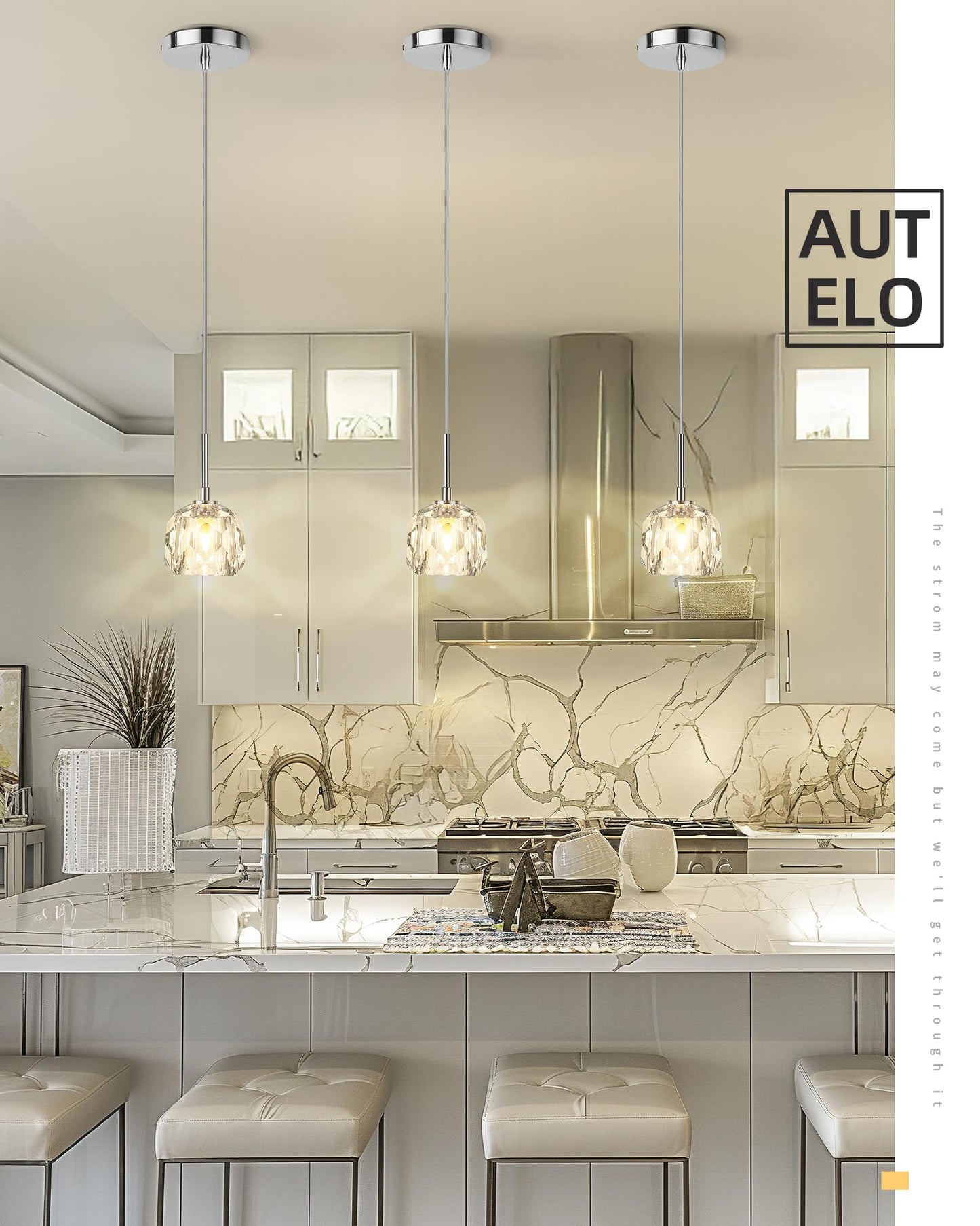 AUTELO 2 Pack Modern Pendant Lights, 1-Light Pendant Light Fixtures in Chrome Metal Finish, Small Crystal Pendant Lights Kitchen Island for Kitchen Island, Dining Room, Bedroom, H3878 CH-2PK-NR