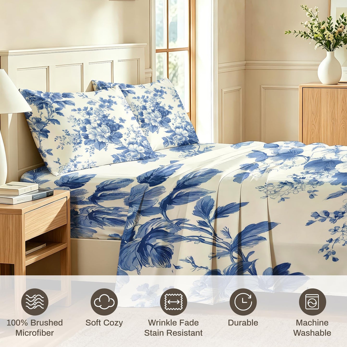 Blue and White Floral Queen Sheet Set 4 Pcs Chinoiserie Bed Sheets
