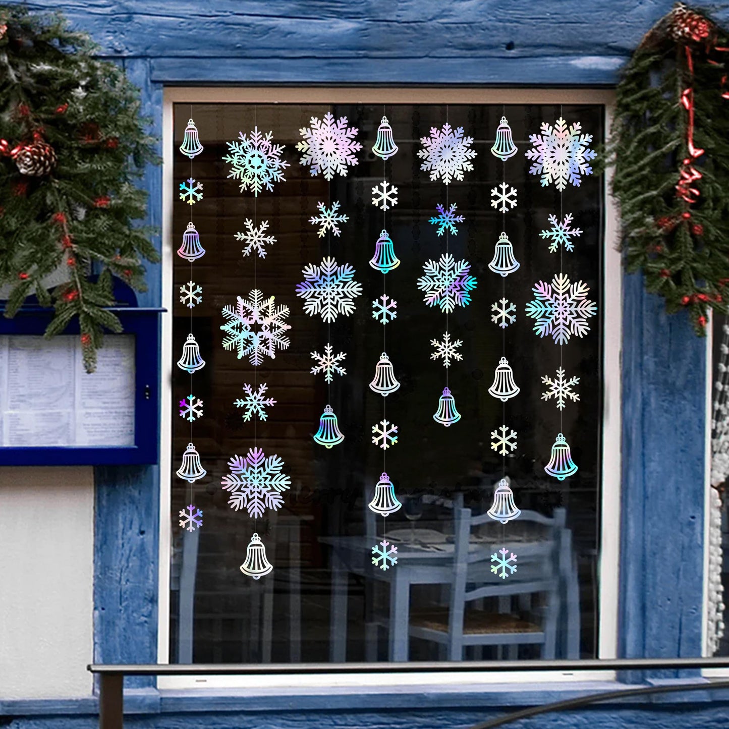 40 Ft Snowflakes Party Decorations Iridescent Snowflakes Bell Garland Holographic Big Snowflakes Hanging Streamer Backdrop for Winter Wonderland Christmas Holiday Birthday Home Window Wall Room Decor