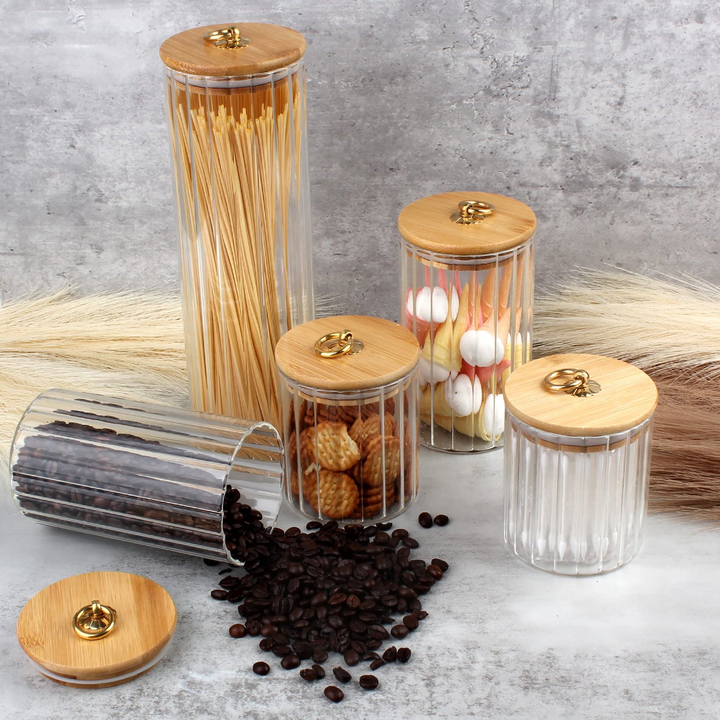FANTESTICRYAN Glass Storage Jars Set of 5, Decorative Coffee Bar Container with Airtight Bamboo Lid Metal Ring for Home Kitchen Storing Candy, Cookie, Pasta, Nuts, Oatmeal and Bathroom Salt