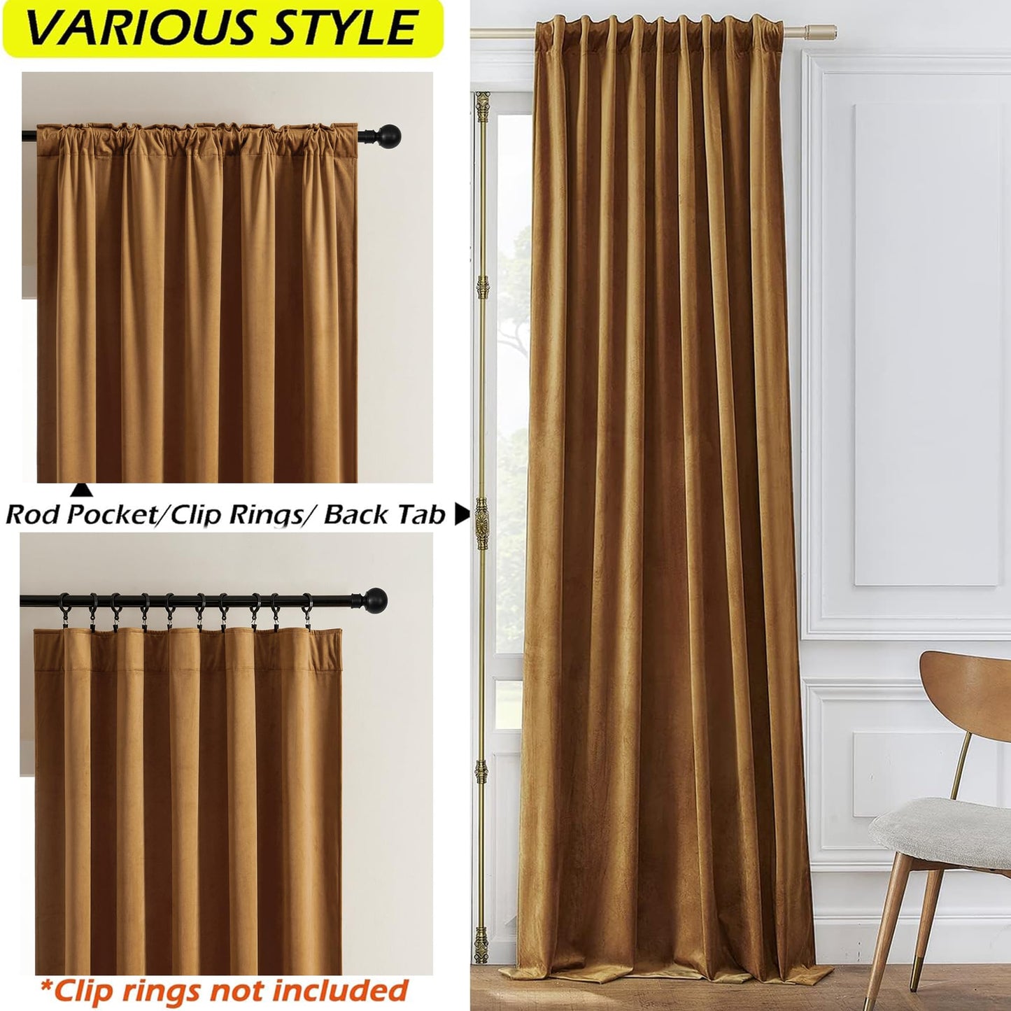 Timeper Gold Brown Pleat Back Tab Velvet Curtains W104 x L84 inches 1 Panel, Room Darkening Solid Home Decor Curtains for Bedroom Living Dining Room Thermal Insulated Luxury Super Soft Window Drapes