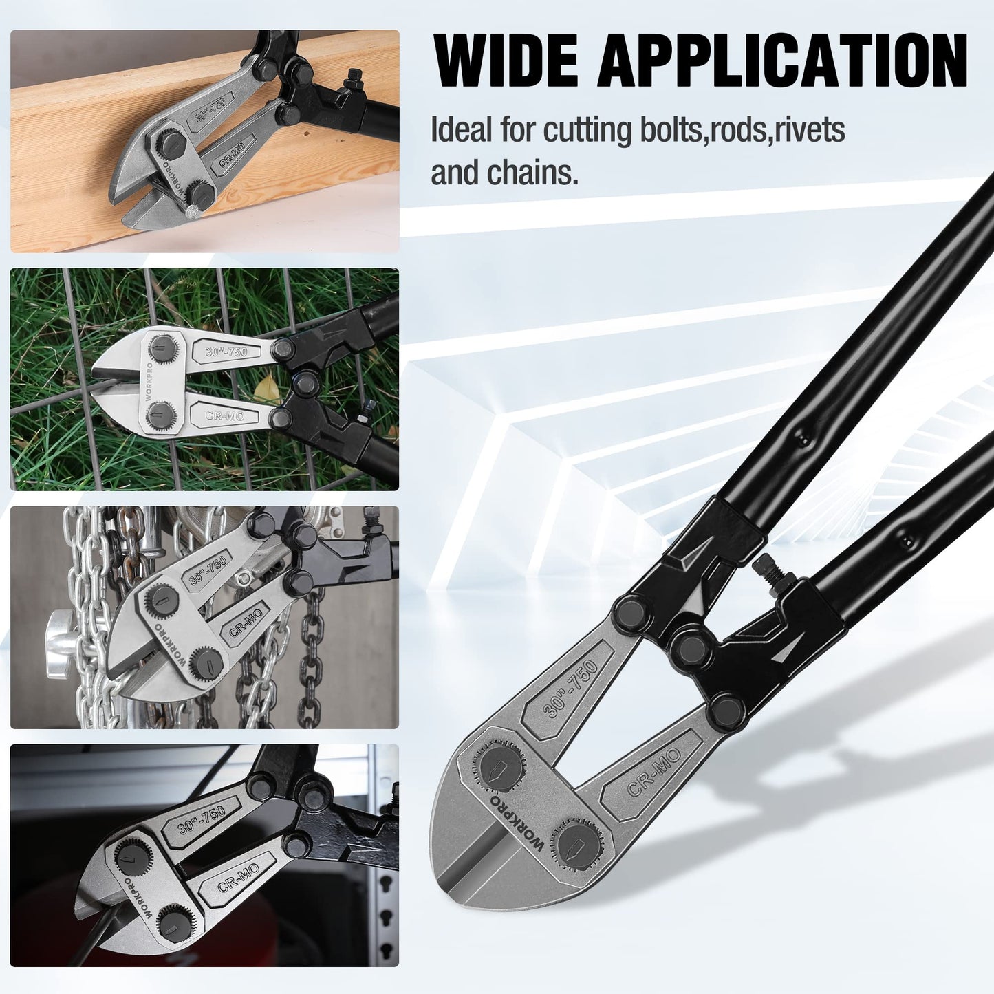 WORKPRO W017007A Bolt Cutter, Bi-Material Handle with Soft Rubber Grip, 30", Chrome Molybdenum Steel Blade