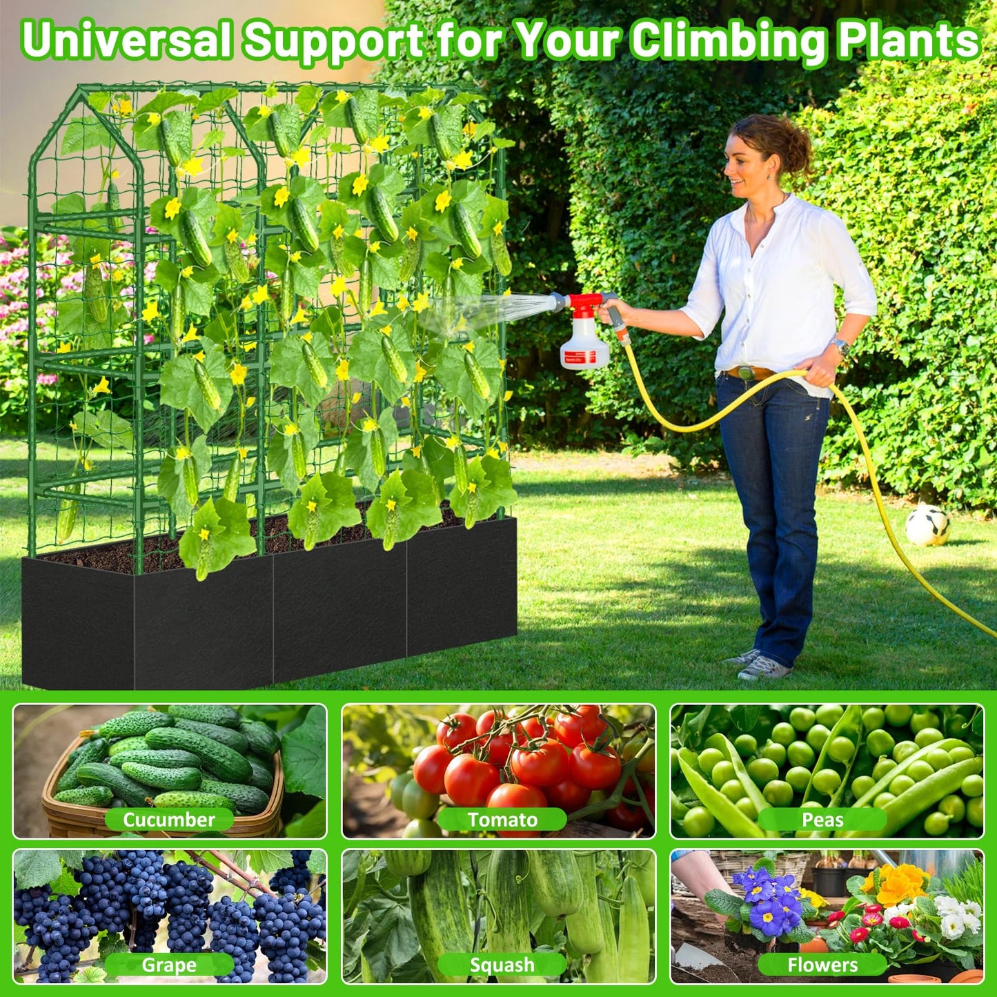 Sunwinx 50x65 Inch Cucumber Trellis for Raised Beds with Grow Bag, V-Frame Metal Plant Garden Trellis for Climbing Plants Outdoor with Climbing Net for Tomato Vegetable Grape Vine Bean Pea Squash