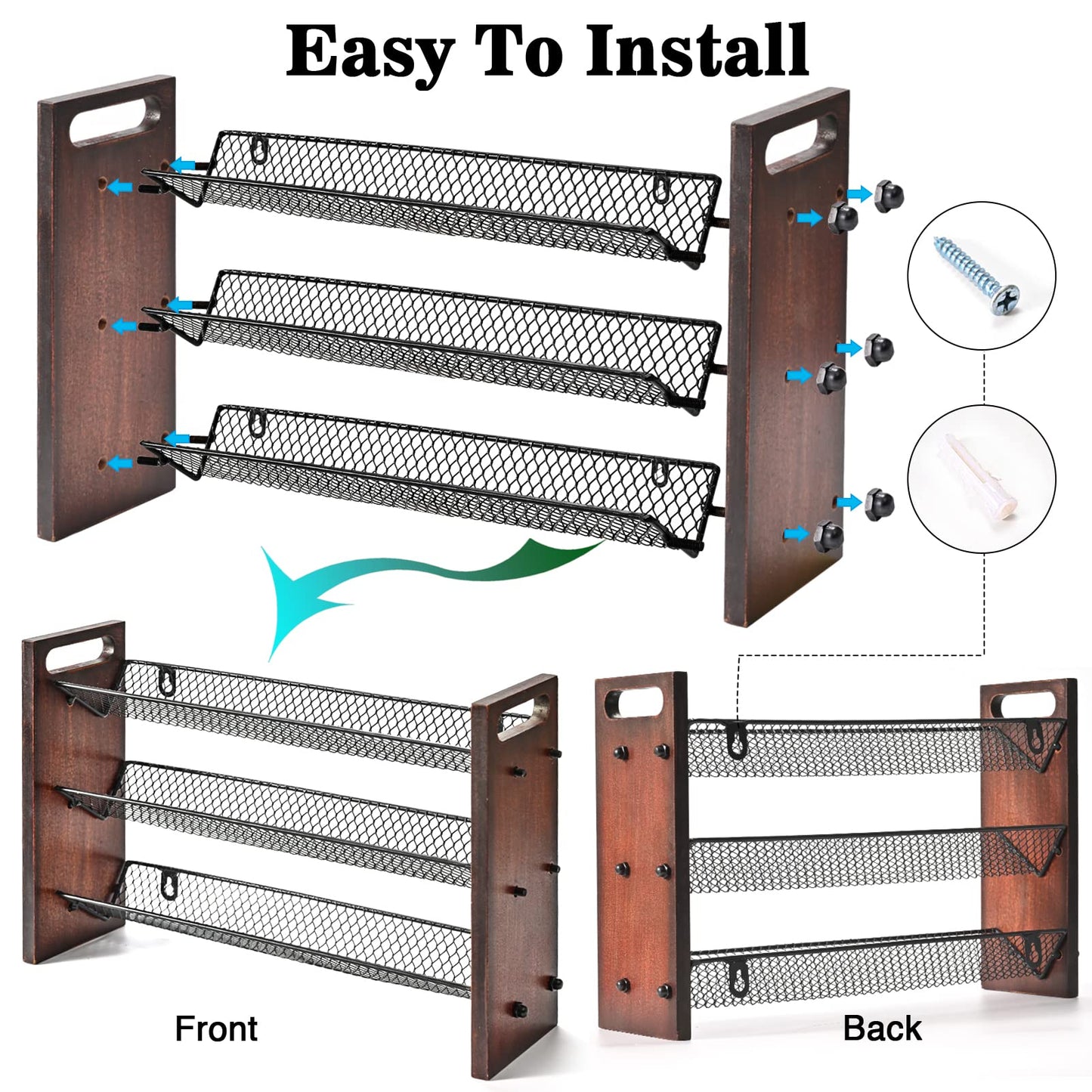 Roykoota Spice Rack, Spice Rack Organizer without Seasoning Jars, Wooden Rustic 3 Tier Kitchen Spice Organizer Shelf for Cabinet, Countertop or Wall Mount