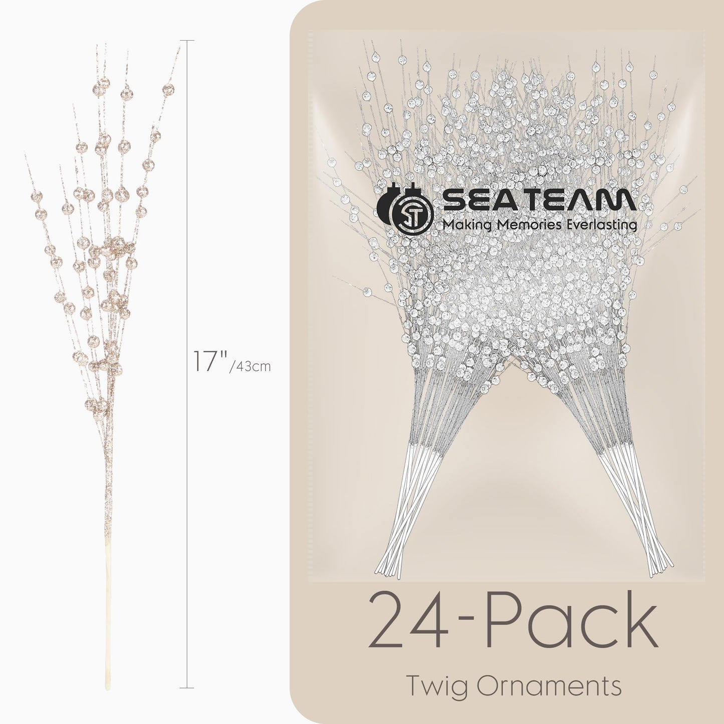 Sea Team 24-Pack Artificial Glitter Berry Stem Ornaments, Decorative Bead Sticks, Glittery Twigs, Picks, Branches for Christmas Tree, Small Vase, Holiday, Wedding, Party (17 Inches, Champagne)