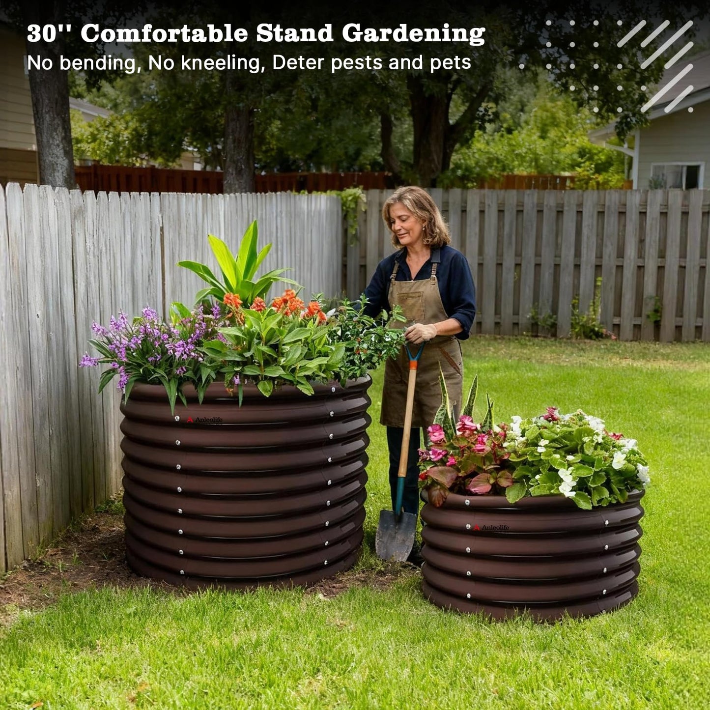 A ANLEOLIFE 30" Extra Tall Galvanized Raised Garden Beds Outdoor, 3x2.5ft Round Metal Planter Boxes for Planting Vegetables, Flowers, Fruits, Eco-Safe & Easy Setup, CaféBronze