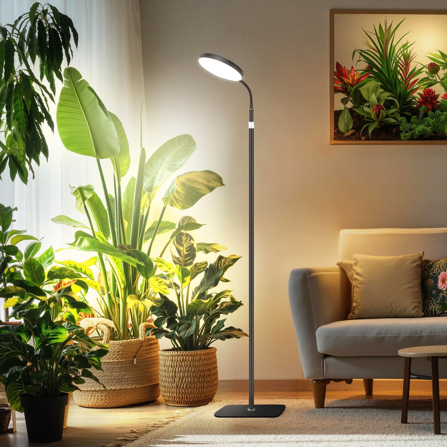 MistyJungle Plant Grow Lights for Indoor,20W Large Round Full Spectrum Warm Light with Gooseneck,63in Tall Stand Floor Growing Lamp, Auto Timer,10 Dimmable Levels for Tall Small Plants Flower Growth