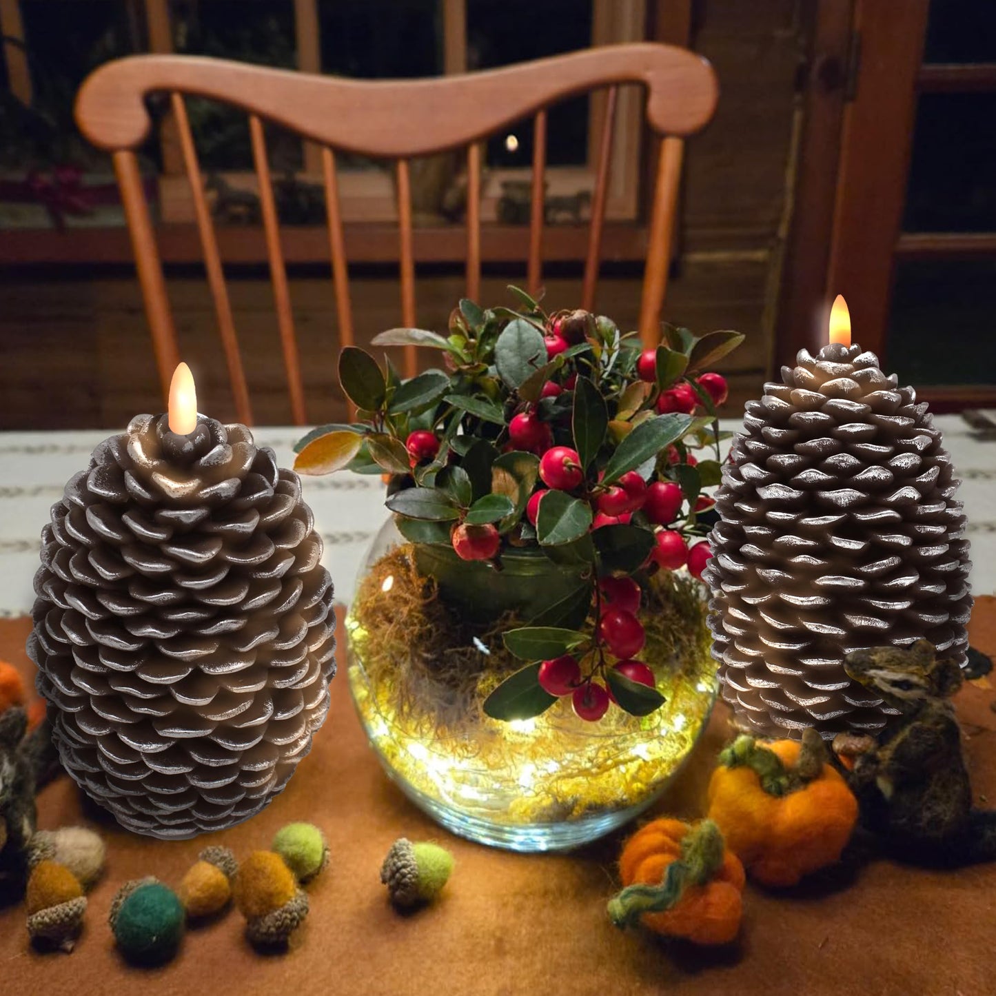 CVHOMEDECO. Pine Cone Candles Battery Operated Pinecones with Remote and Timer, Pine Cones Candle LED Flameless Flickering Candles for Fall, Christmas Decor. Silver-Brown, H 6.5 Inch, Pack of 2