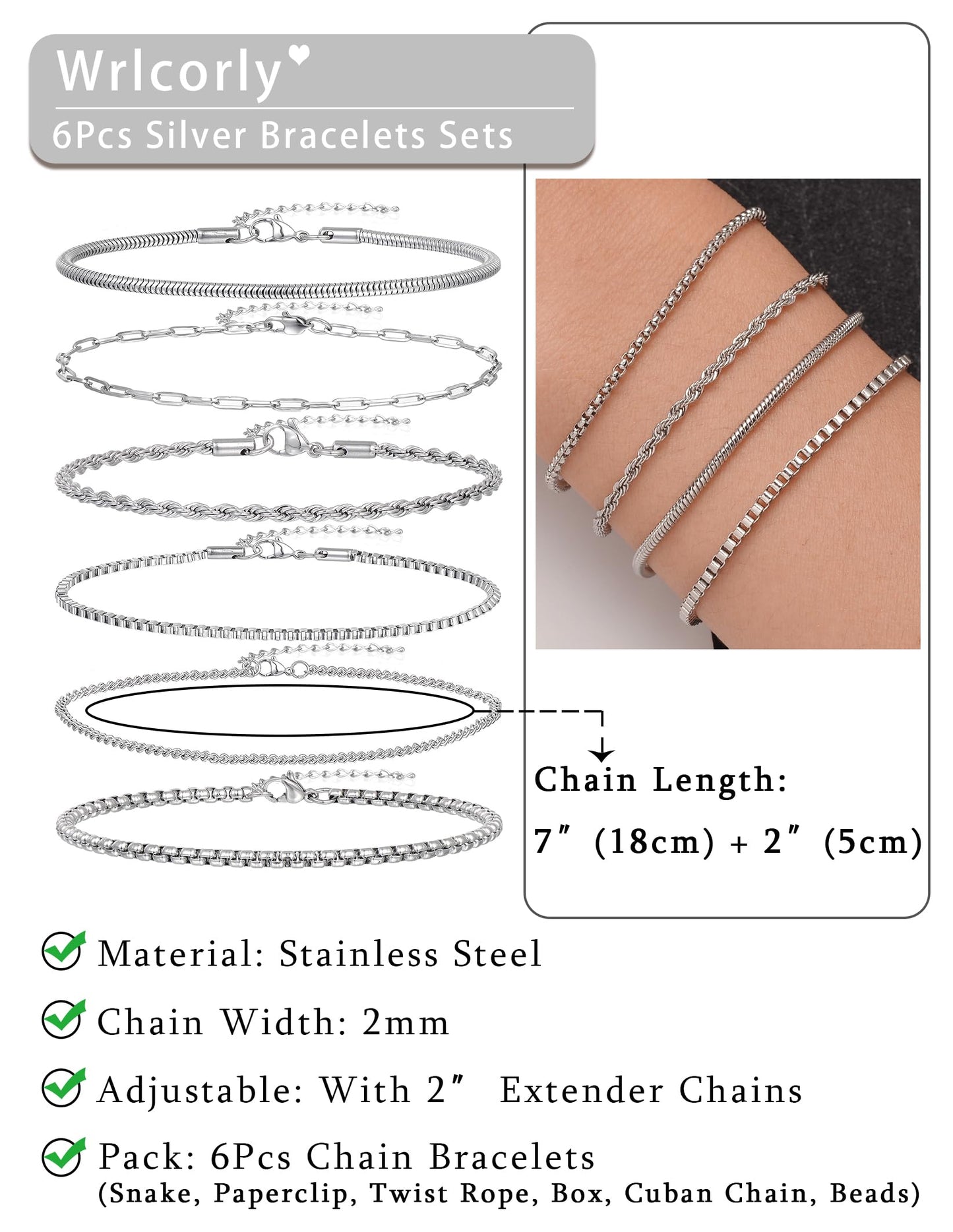 Wrlcorly 6Pcs Stainless Steel Chain Bracelets for Men Women 2mm Cuban Snake Twists Rope Box Beads Paperclip Link Chain Bracelet Sets Jewelry Gifts 7 Inches Length Adjustable