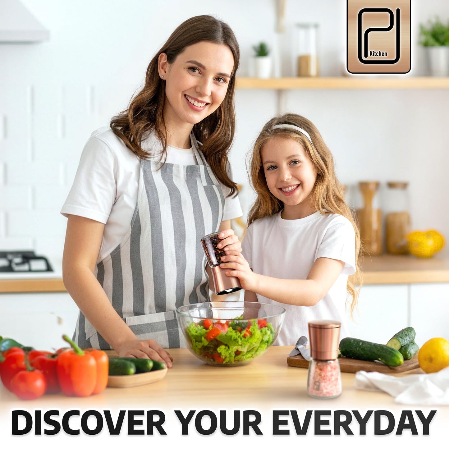 Premium Salt and Pepper Grinder Set w/Bamboo Holder - 6 oz, Copper Stainless Steel - S&P Spice Shakers - Refillable & Adjustable Coarseness Hand Mill for Spices & Seasonings - by PJC-Kitchen