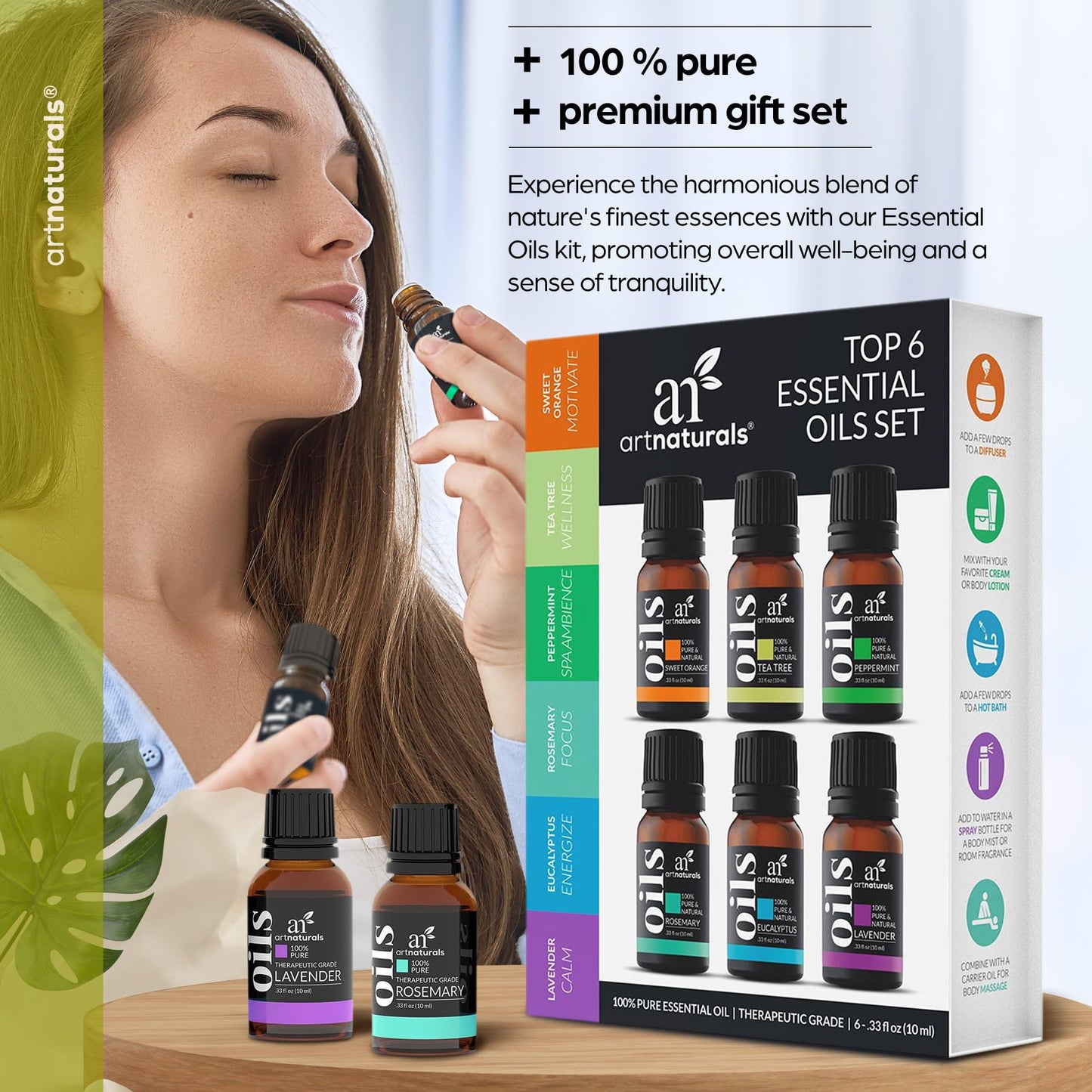 ArtNaturals Aromatherapy Top-6 Essential Oil Set - (6 x 10ml Bottles) - 100% Pure of The Highest Therapeutic Grade - Premium Gift Set – Lavender, Peppermint, Tea Tree, Eucalyptus
