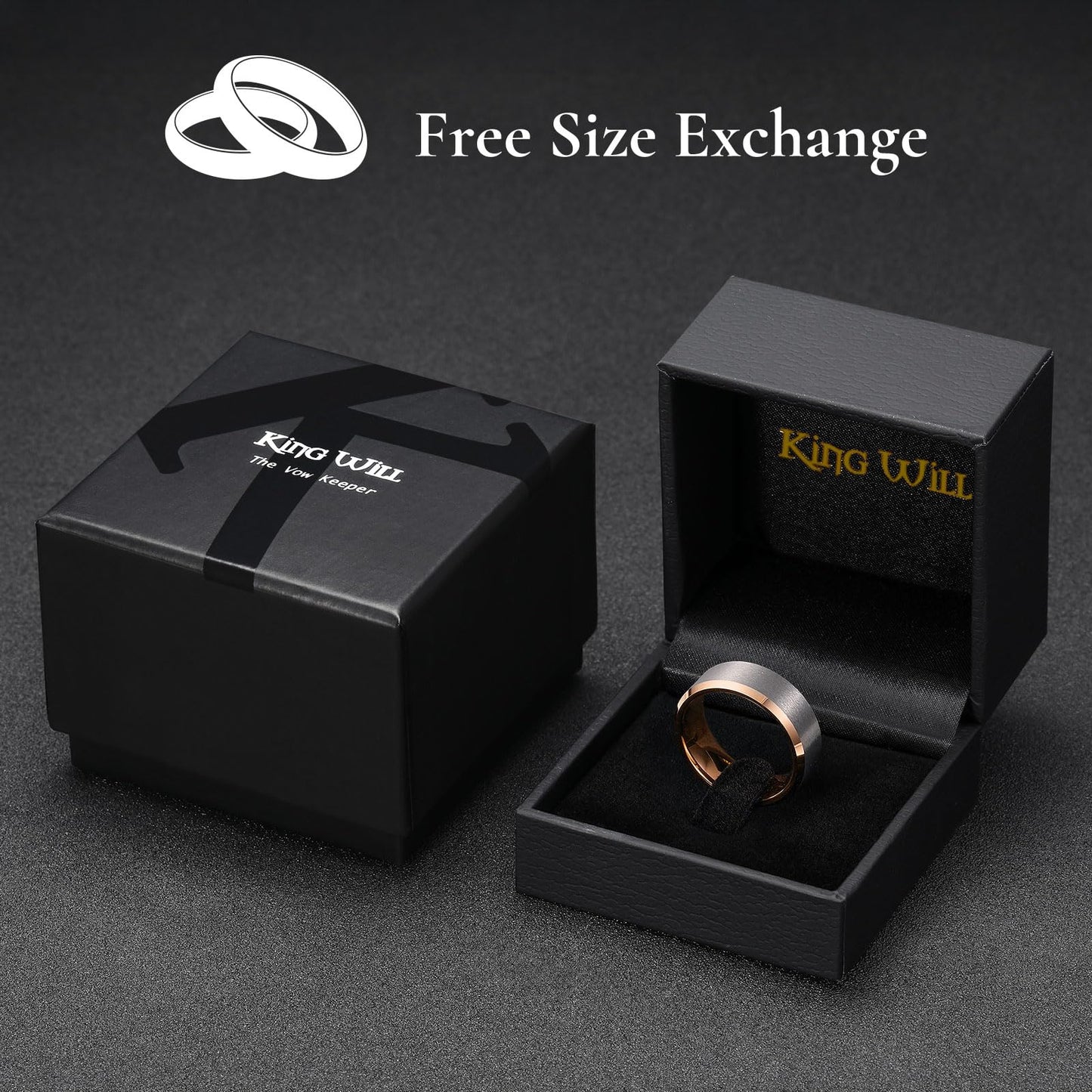 King Will 8mm Classic Tungsten Rings for Men Two-Tone Mens Wedding Bands Simple Engagement Promise Ring Matte Brushed Beveled Edges Comfit Fit Durable, Silver & Rose Gold Plated Size 13