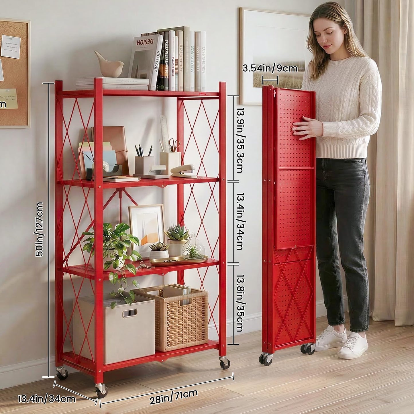 DEANIC 4 Tier Foldable Storage Shelves with Wheels, Large Capacity Shelving Unit, Freestanding Metal Wire Shelf Rack, No Assembly Organizer Rack for Garage Kitchen, Basement, Pantry(Red Pack of 2)