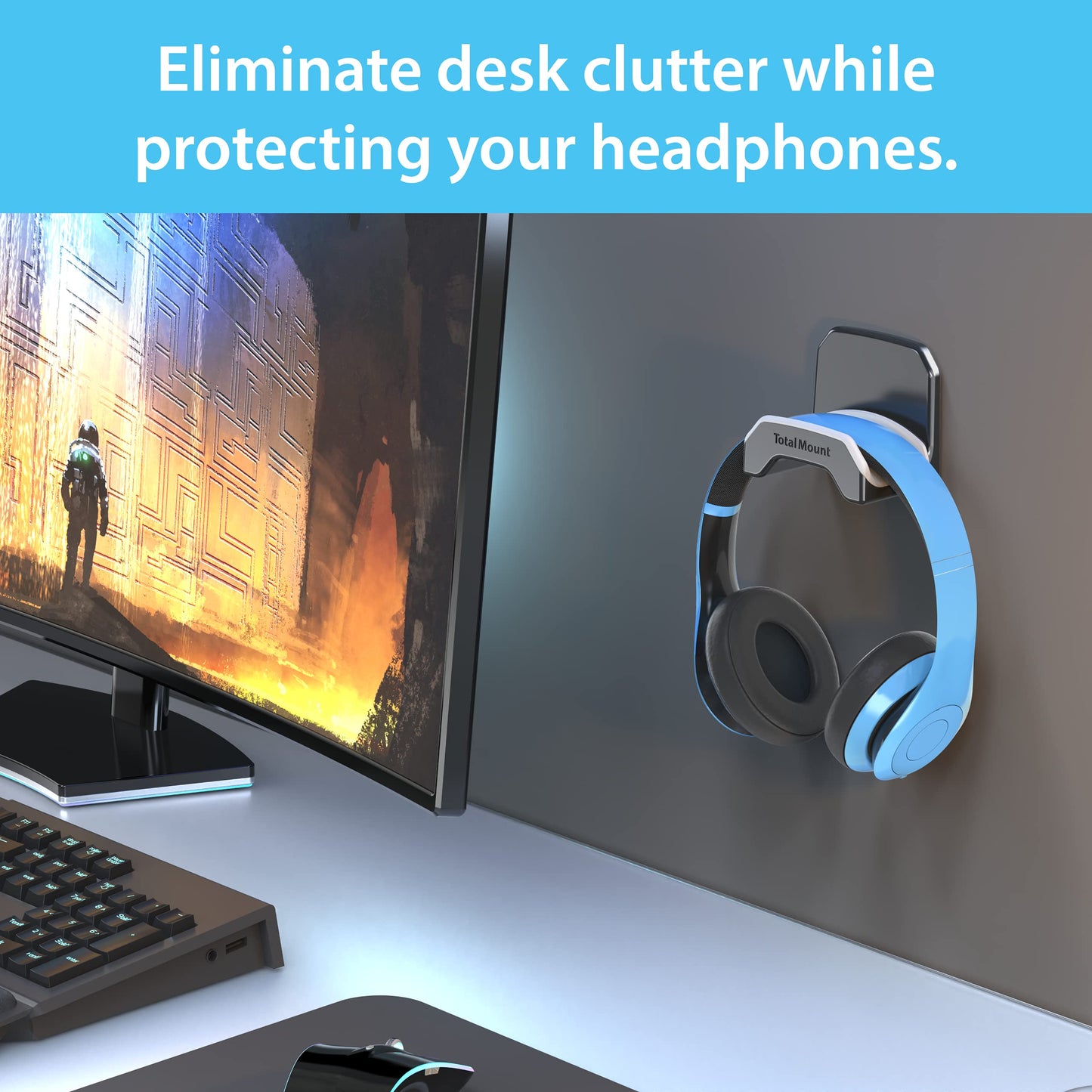 TotalMount Gaming Headset Hanger – Includes Removable Adhesive Strips for Easy, Damage-Free Wall, Desk, or PC Mounting (Black Headphone Hook with Premium Silicone Cradle – One Pack)
