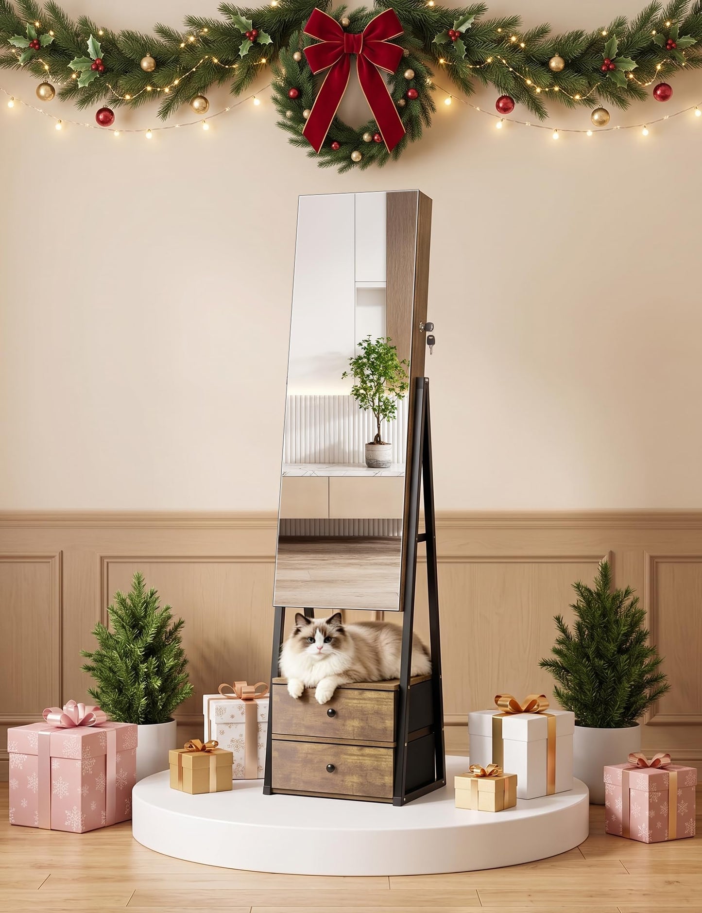 Nicetree Jewelry Cabinet,Standing Jewelry Mirror with Storage, Mirror Jewelry Armoire with 2 Drawers, Full Length Mirror with Lock, Shelf, Polishing Cloth,Wood Grain Brown