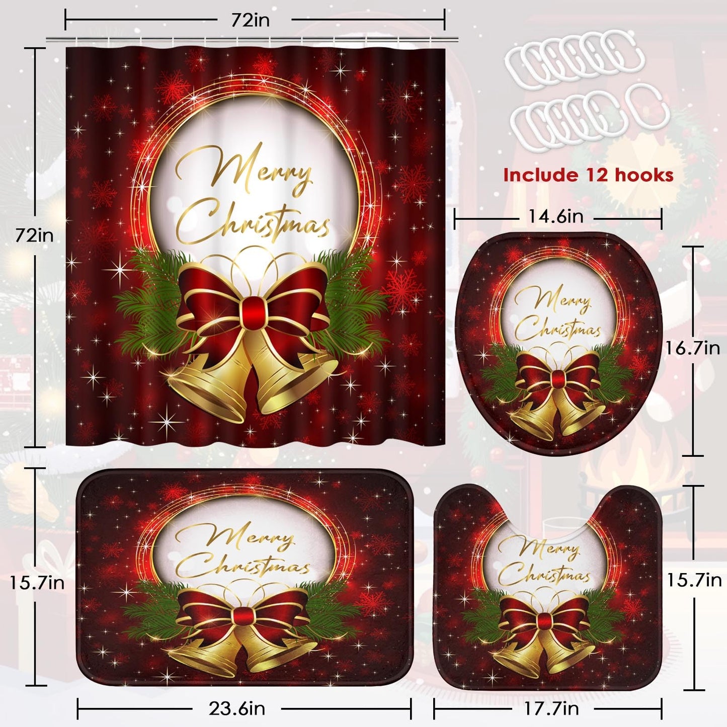 ArtSocket 4 Pcs Shower Curtain Set Christmas Bells Bow Snowflakes Red with Non-Slip Rugs Toilet Lid Cover and Bath Mat Bathroom Decor Set 72" x 72"