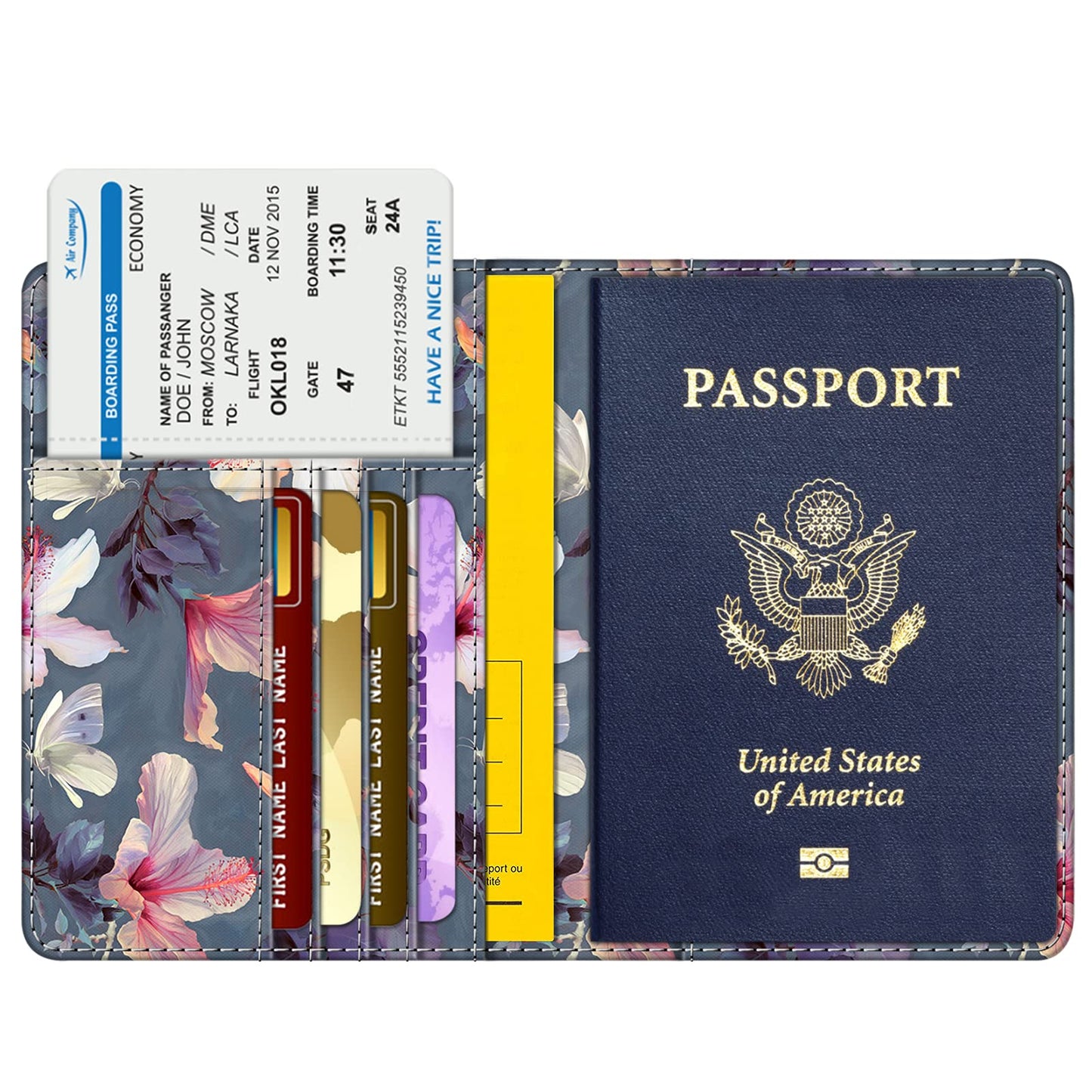 FINTIE Passport Holder Travel Wallet RFID Blocking PU Leather Card Case Cover, Blooming Hibiscus