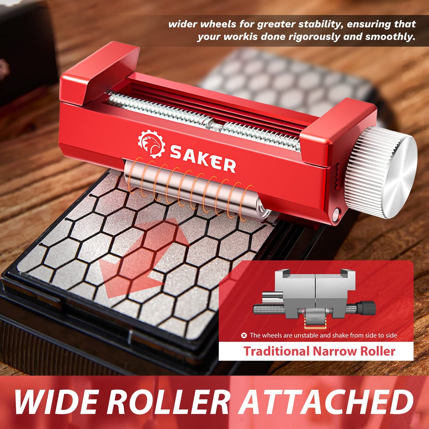 Saker Honing Guide with Whetstone - Red Off-Center Upgraded Honing Tool and Diamond Sharpening Stone Set Kit for Kitchen Knife, Short Chisels and Planes, Fine/Coarse Plate, 400/1000/Grit