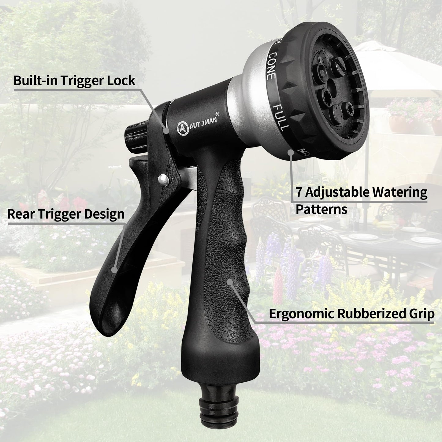 AUTOMAN Hose Pipe Spray Gun, 7 Patterns Garden Hose Spray Gun, High Pressure Hose Nozzle, Anti-Slip Water Hose Gun for Plants & Lawns Watering, Car & Bike Washing and Pets Bathing