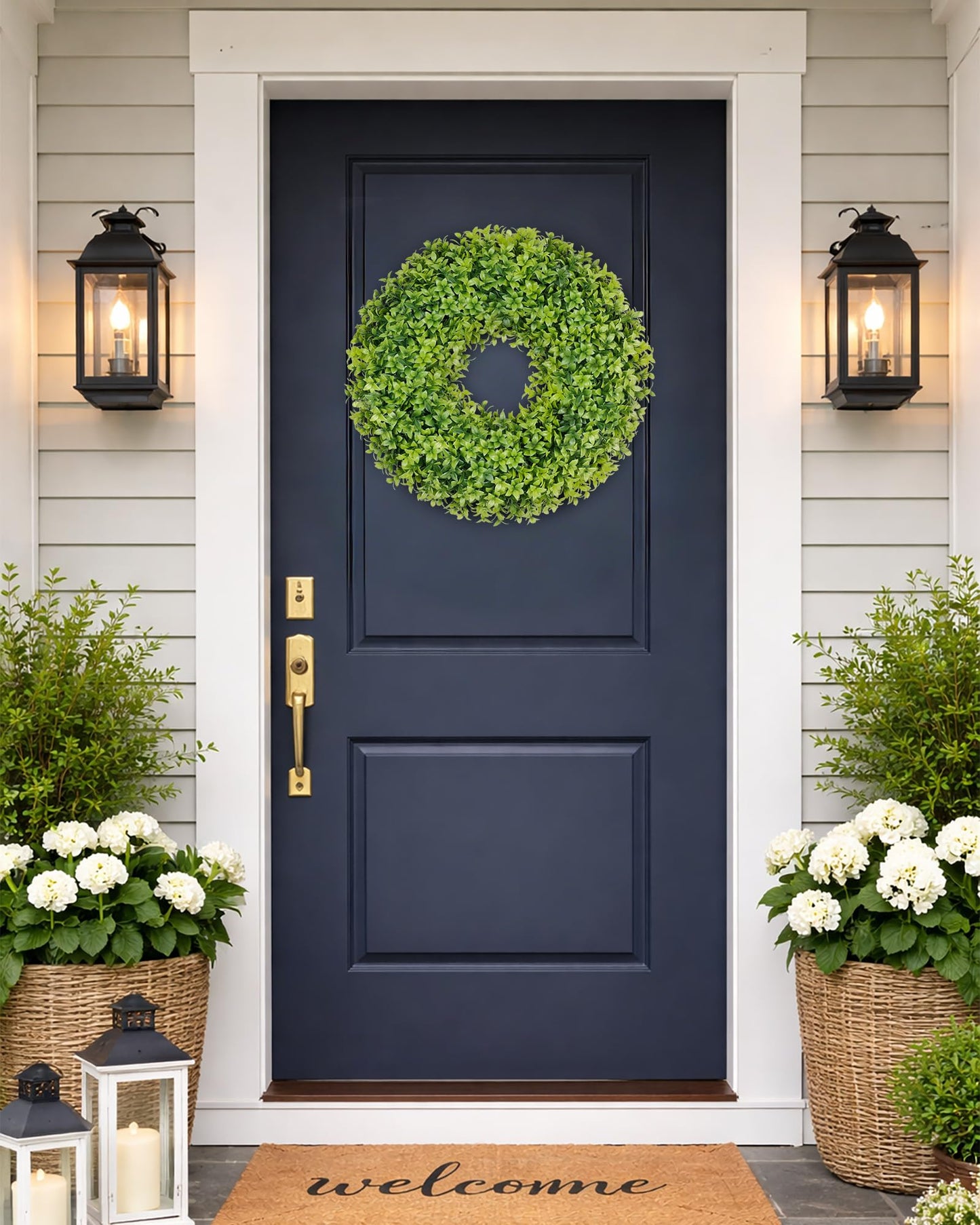 DDHS 20" Boxwood Wreaths Front Door, Artificial Spring Summer Wreath with Sash and Foldable, Year Round Indoor Outdoor for Farmhouse Fireplaces and Porches DIY St Patricks Day Decor-Gradient Green