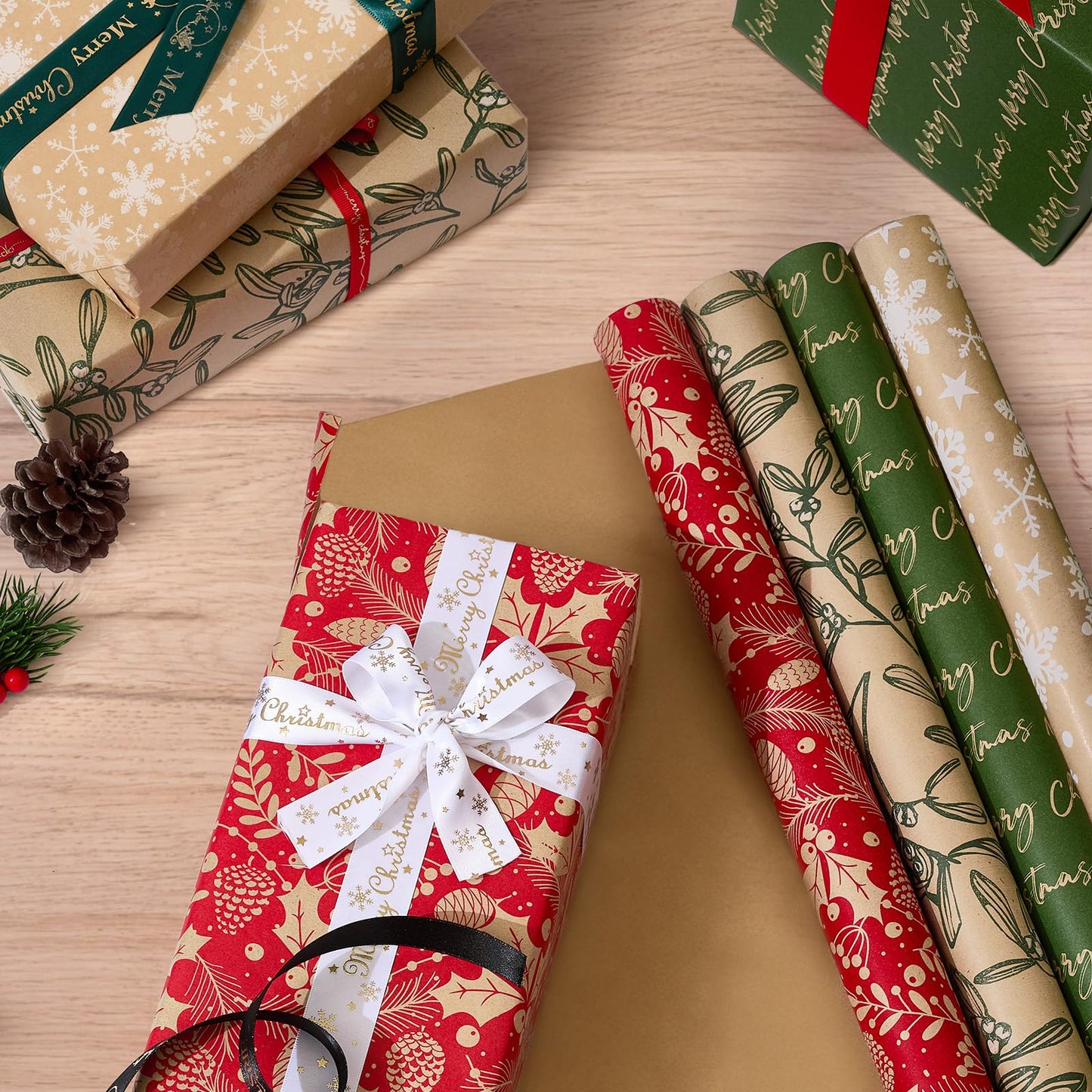 YANGTE Vintage Recyclable Christmas Wrapping Paper Rolls, Brown Kraft Wrapping Paper with Red and Green Pattern, Holiday Gift Wrapping Paper Christmas Rolls, 17x120 inch, 4 Rolls