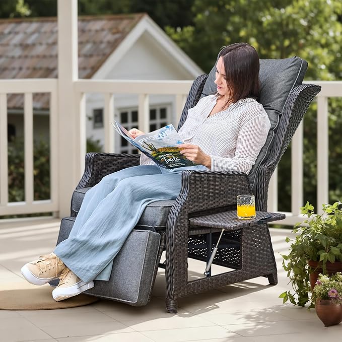 Outdoor Indoor Wicker Recliner with Adjustable Back and Footrest, Patio Reclining Chair with Flip-up Table, Outdoor Rattan Lounge Chair, Grey 2PCS