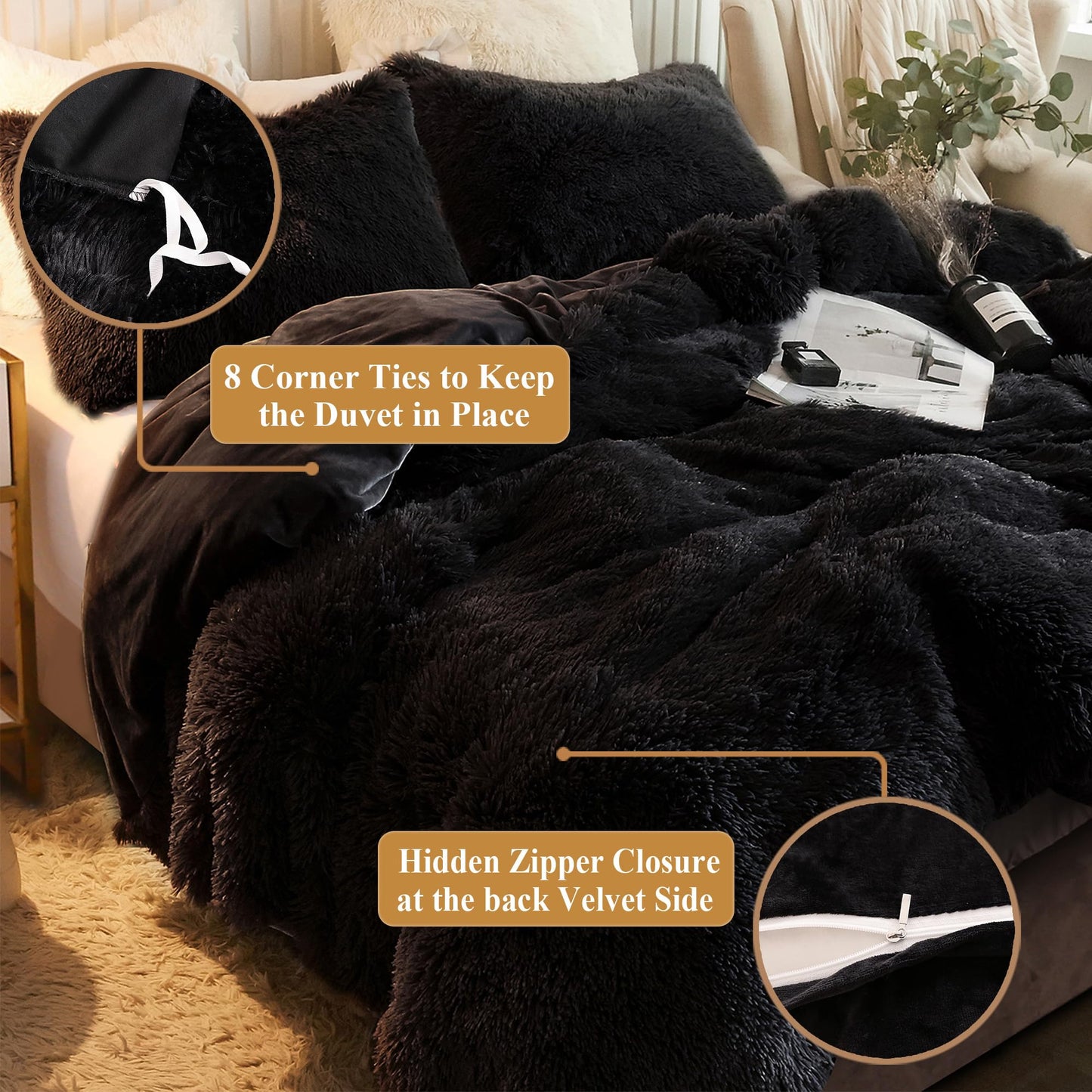 XeGe Plush Shaggy Duvet Cover Set, Luxury Ultra Soft Crystal Velvet Fluffy Bedding Sets 2 Pieces(1 Faux Fur Furry Comforter Cover + 1 Fuzzy Faux Fur Pillow Case), Zipper Closure (Twin, Black)