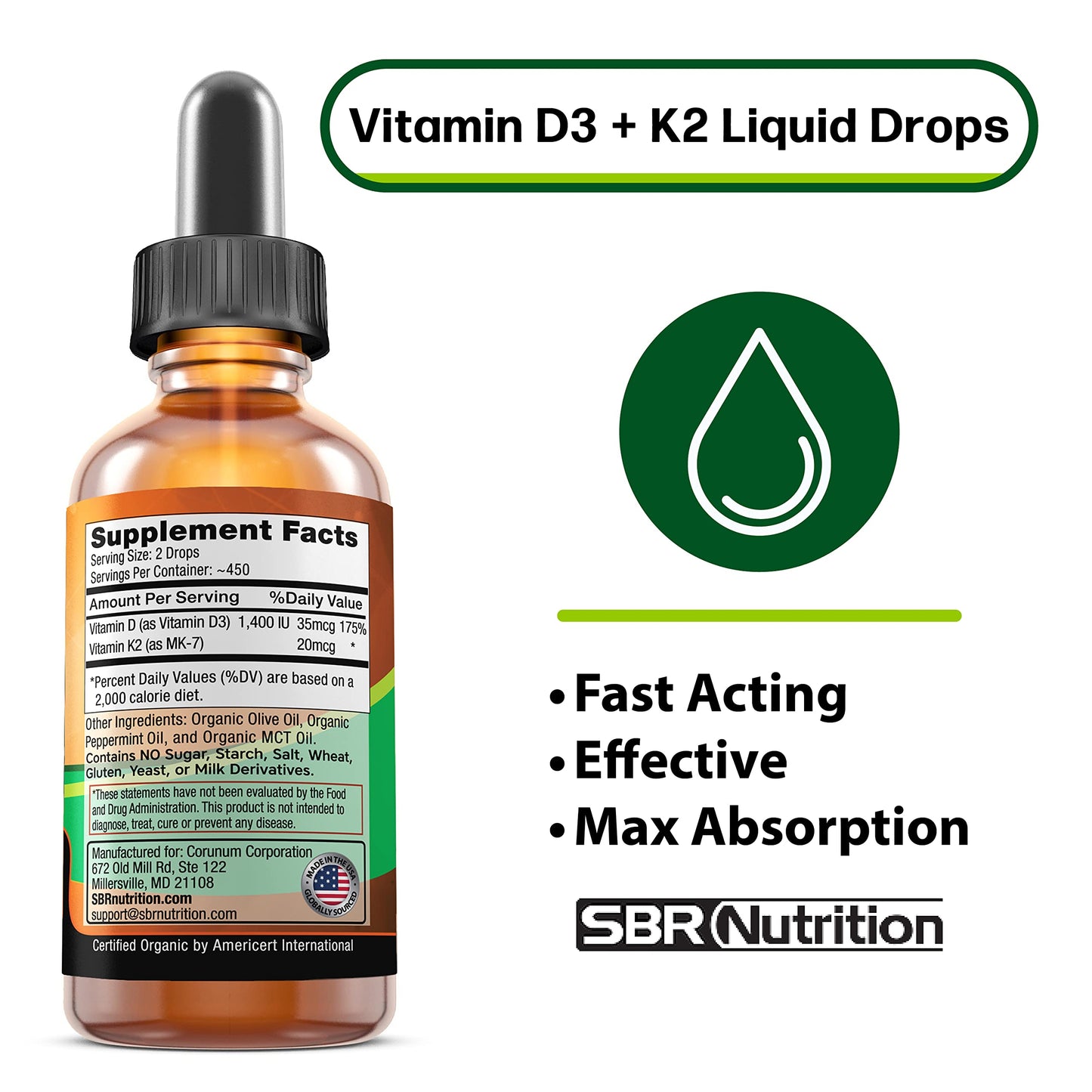 MAX Absorption Vitamin D3 + K2 (MK-7) Liquid Drops with MCT Oil, Peppermint Flavor, Helps Support Strong Bones and Healthy Heart (D3+K2) (D3+K2)