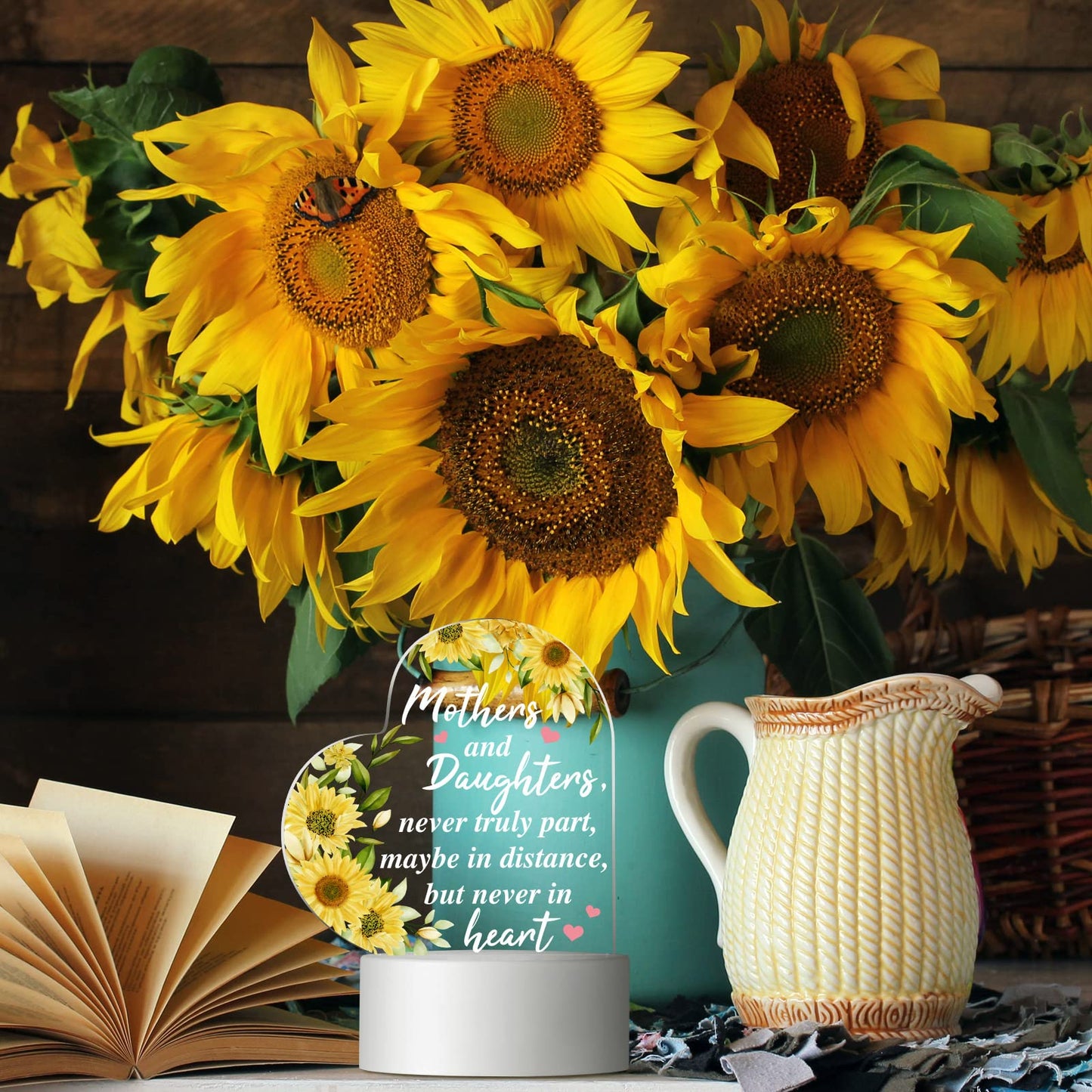 Jetec Mothers Day Birthday Gifts from Daughter Son Christmas Thank You Gift for Mom Sunflower Engraved Acrylic Heart Lamps USB Low Power Night Light Table Decor(Mothers and Daughters)