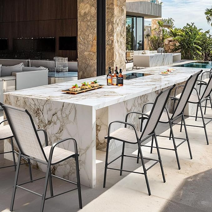 VINGLI Patio Chairs Set of 8 – Stackable Outdoor Dining Chairs with Comfortable Sling High Back Chairs and Armrests for Lawn, Poolside, Courtyard, Balcony, Garden, Yellow