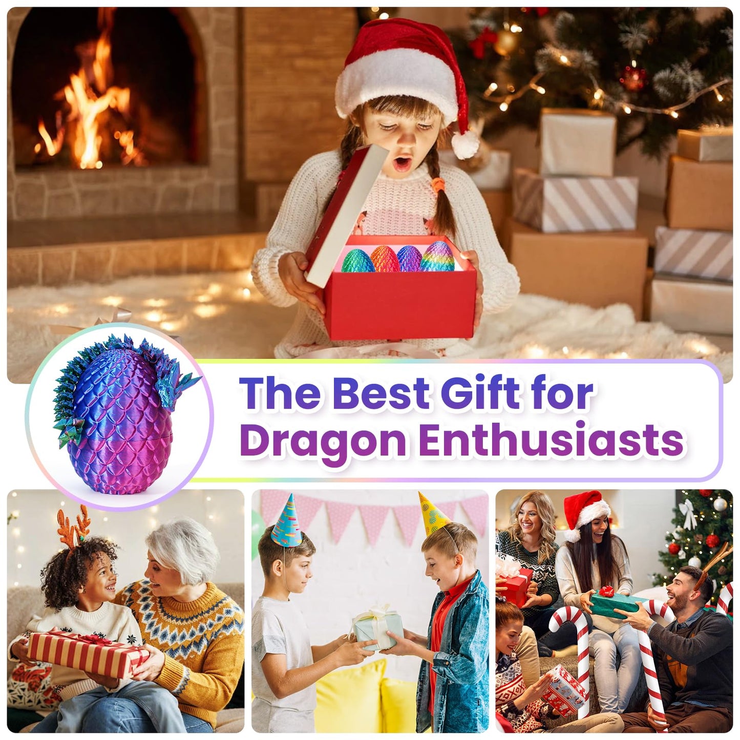 TBOLINE 4PCS 3D Printed Dragon Egg, Articulated Crystal Animals Fidget Toy Kid, Small 3D Printer Dinosaur Dino Eggs Toy Easter Gifts for Kids Boy Girls (4-Piece-C)