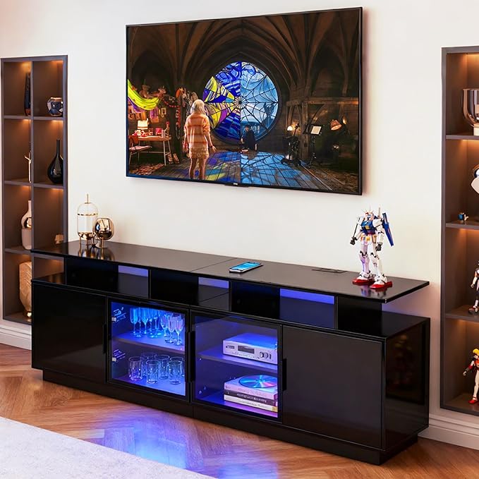 70 Inch Black TV Stand for Living Room, LED Entertainment Center for Gaming