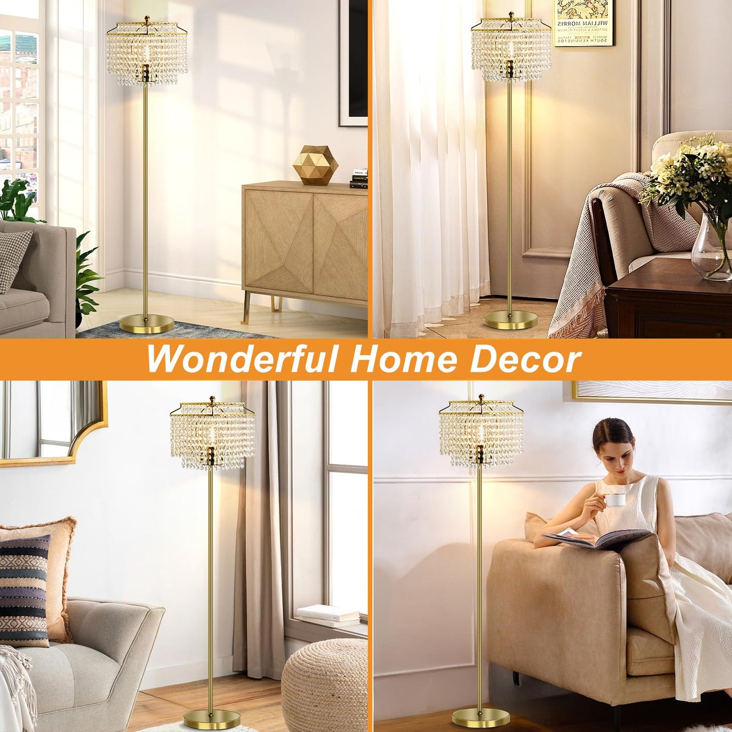 Luvkczc Gold Crystal Floor Lamp, 64" Tall Elegant Standing Lamp with On-Off Foot Switch, Double-Layer Lampshade, Standing Floor Lamps for Living Room, Bedroom, Office, 8W LED Bulb Included